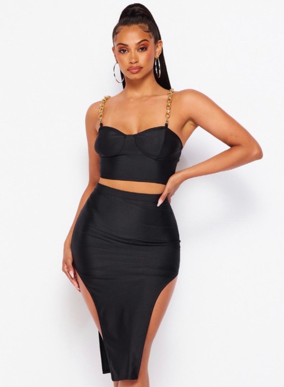 Raise A Toast 2 Piece Skirt Set in Black | Women's Matching Outfit for Parties, Dates & Special Occasions