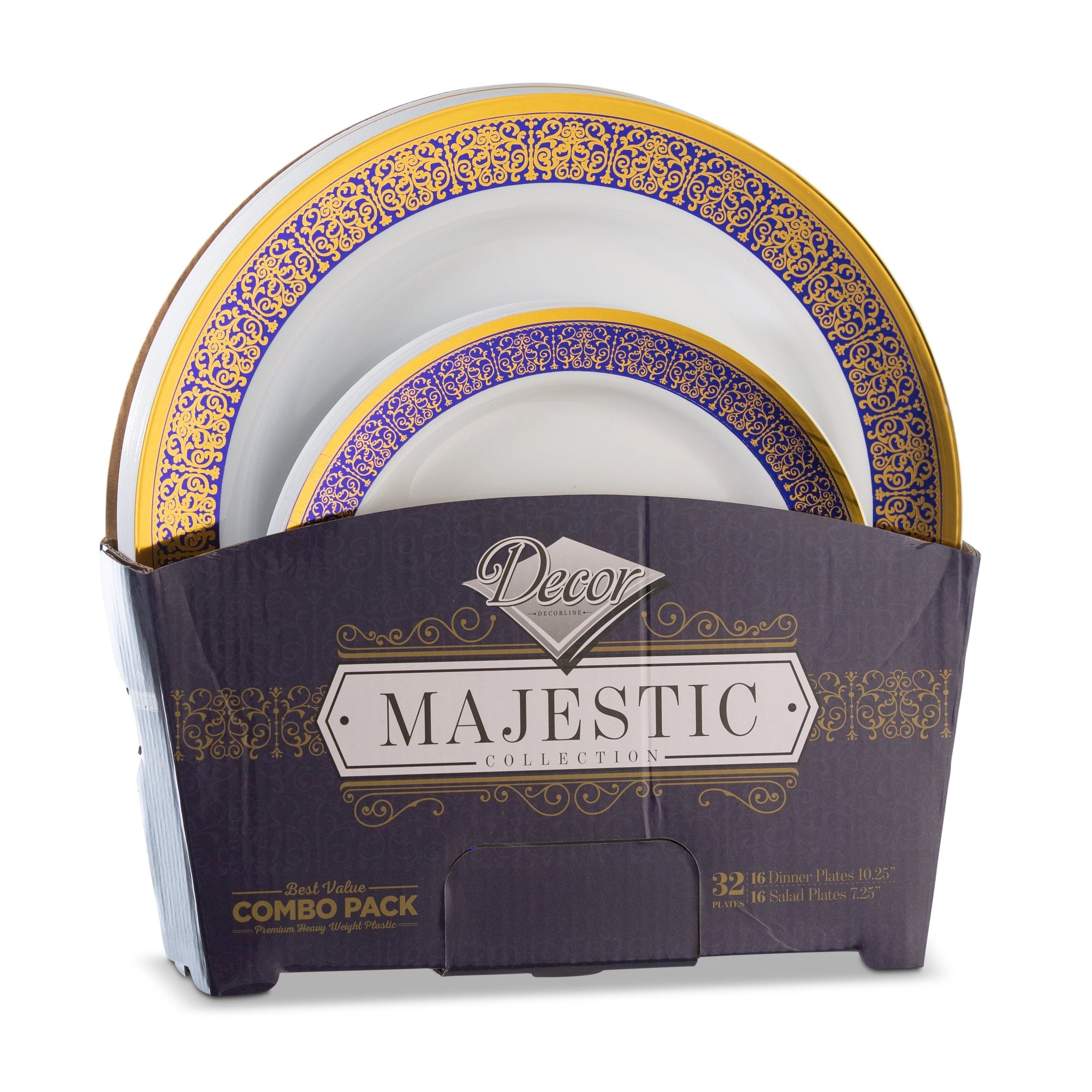 32-Piece Blue & Gold Round Plastic Dinnerware Set - Elegant Disposable Plates, Cups & Cutlery for 16 Guests - Perfect for Weddings, Parties & Outdoor Events