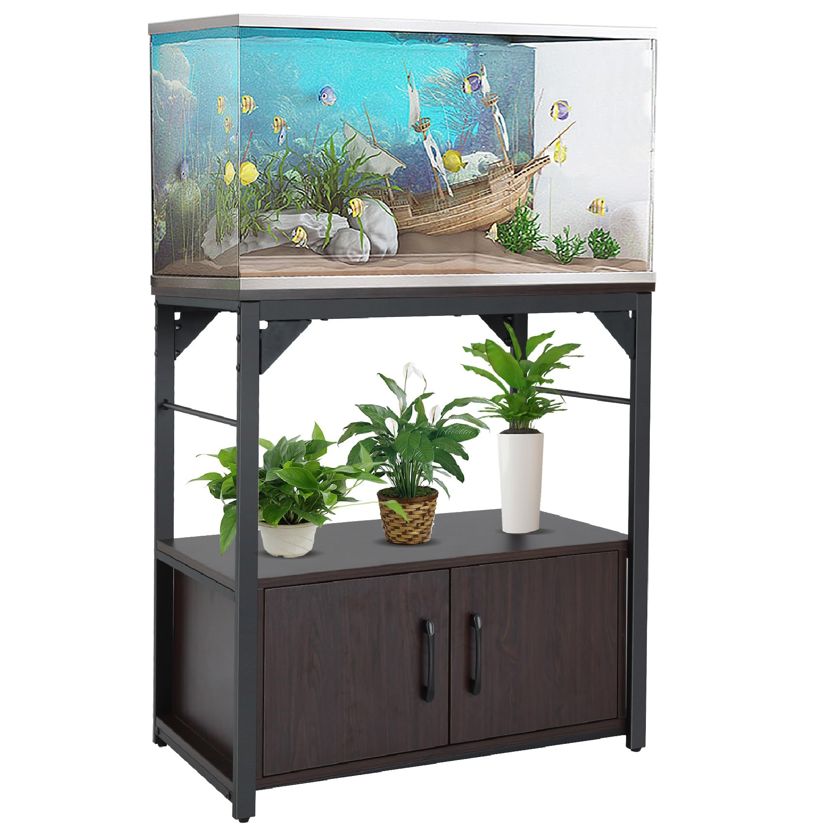 20 Gallon Fish Tank Stand with Storage Cabinet - Heavy Duty Metal Frame Aquarium Stand for 500LBS Capacity, Walnut Finish (28.7