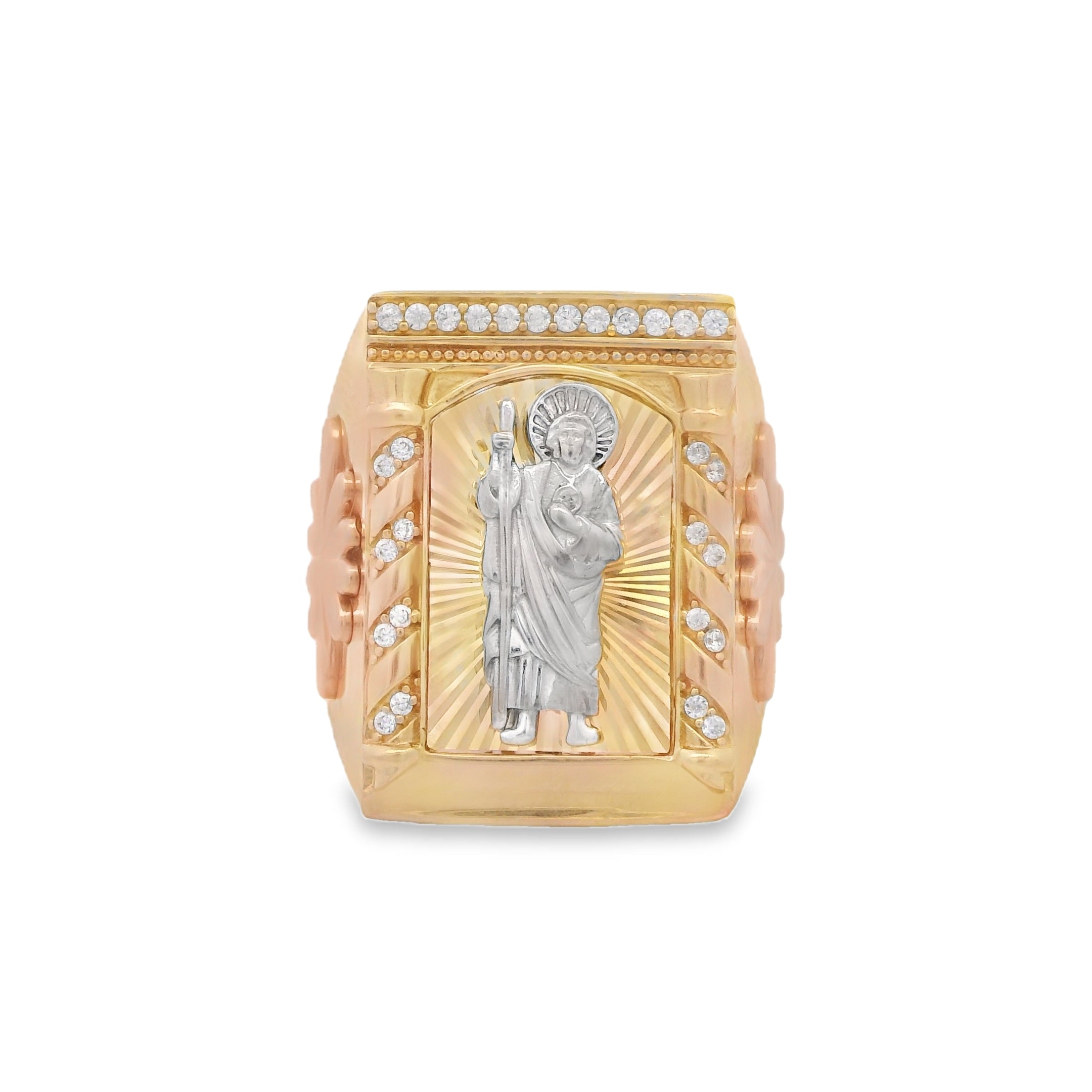 14K Gold Men's San Judas Tadeo Ring with CZ Stones - Religious Jewelry for Faith & Protection - Perfect for Gifts, Daily Wear & Special Occasions
