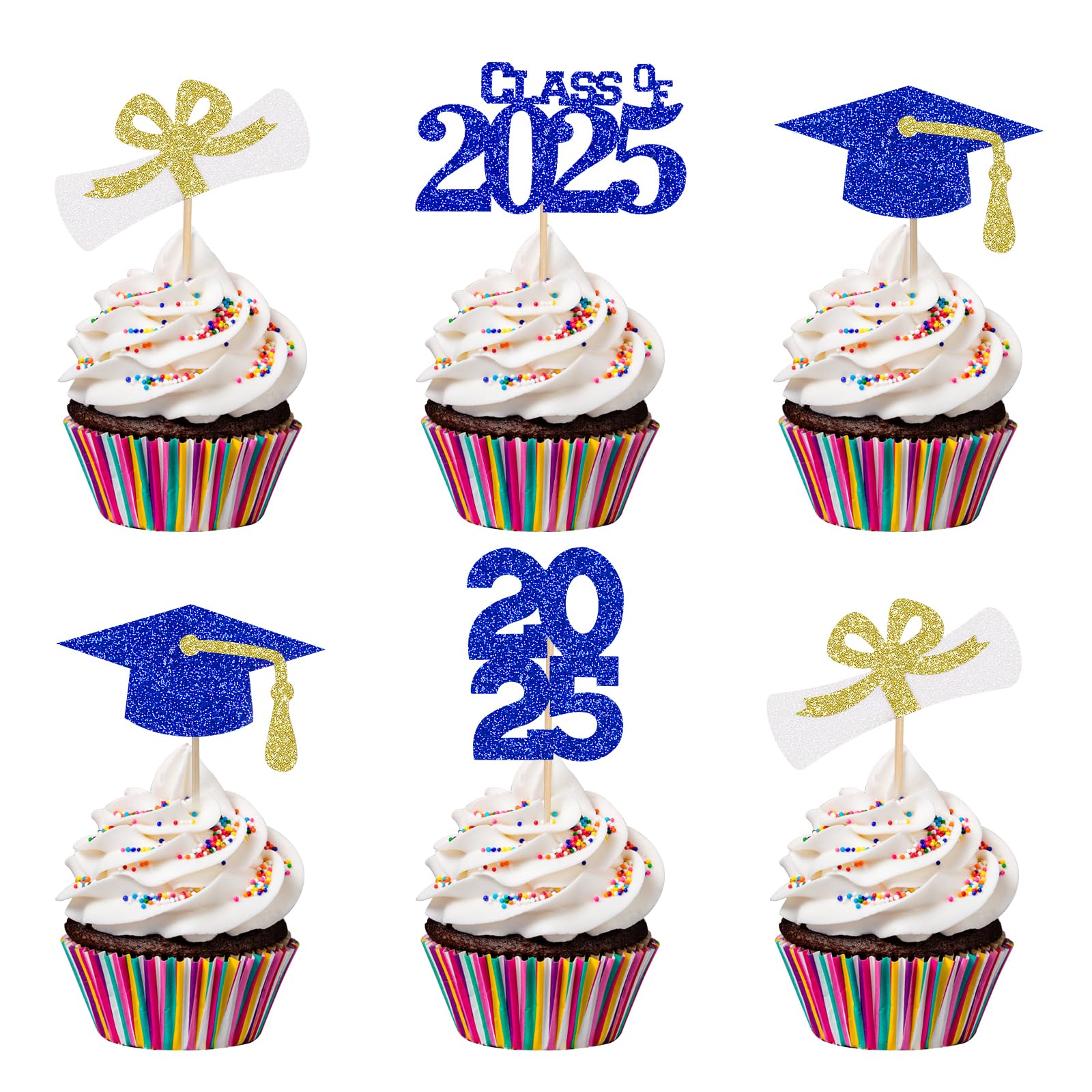 32Pcs Graduation Cupcake Toppers 2025 - Blue and Gold Class of 2025 Cake Decorations, Graduation Party Supplies for High School & College Celebrations, Commencement Ceremony Dessert Toppers