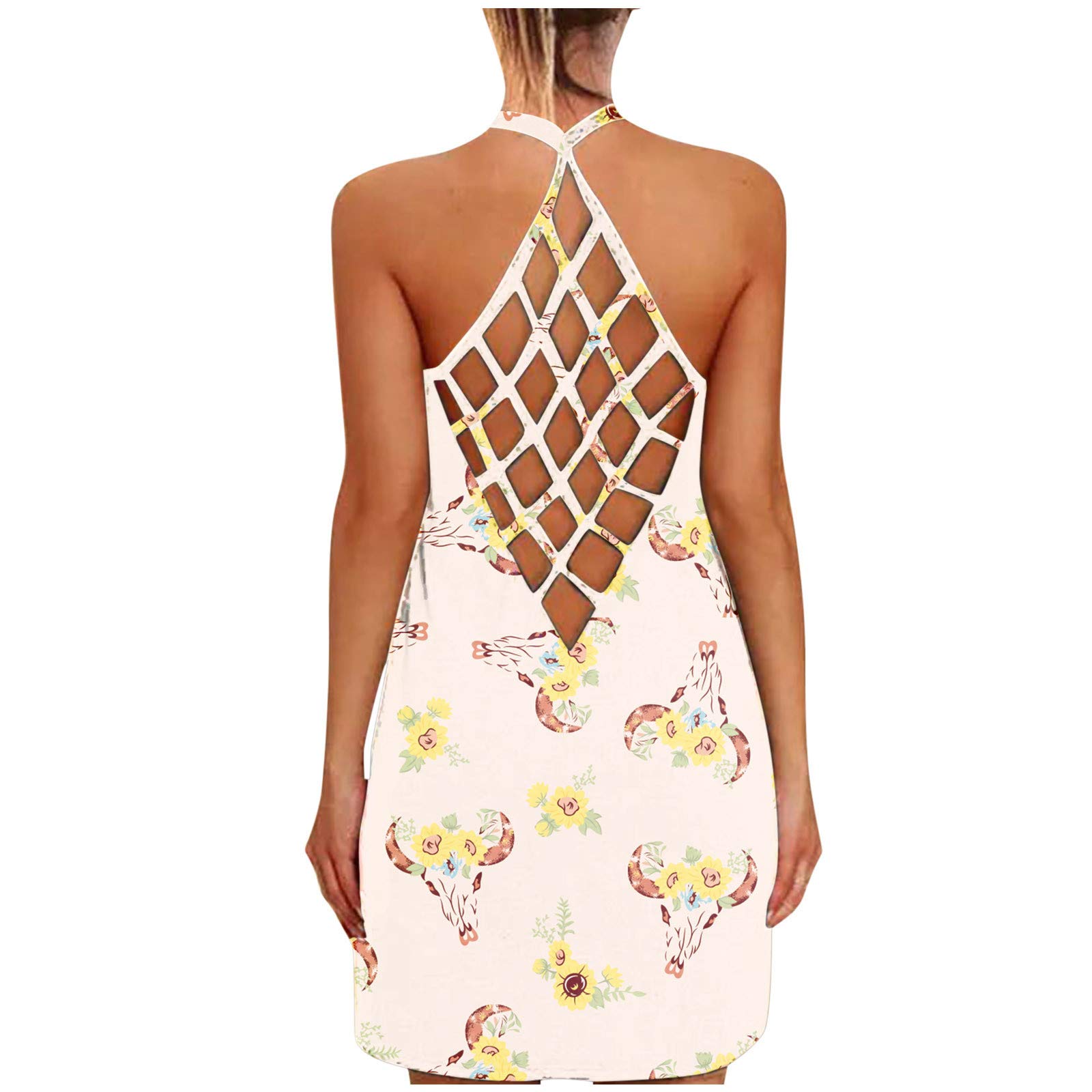 ZASUN Women's Summer Casual Short Dress - Backless Hollow Out Tank Sundress with Sunflower Print for Beach, Vacation, and Outdoor Activities