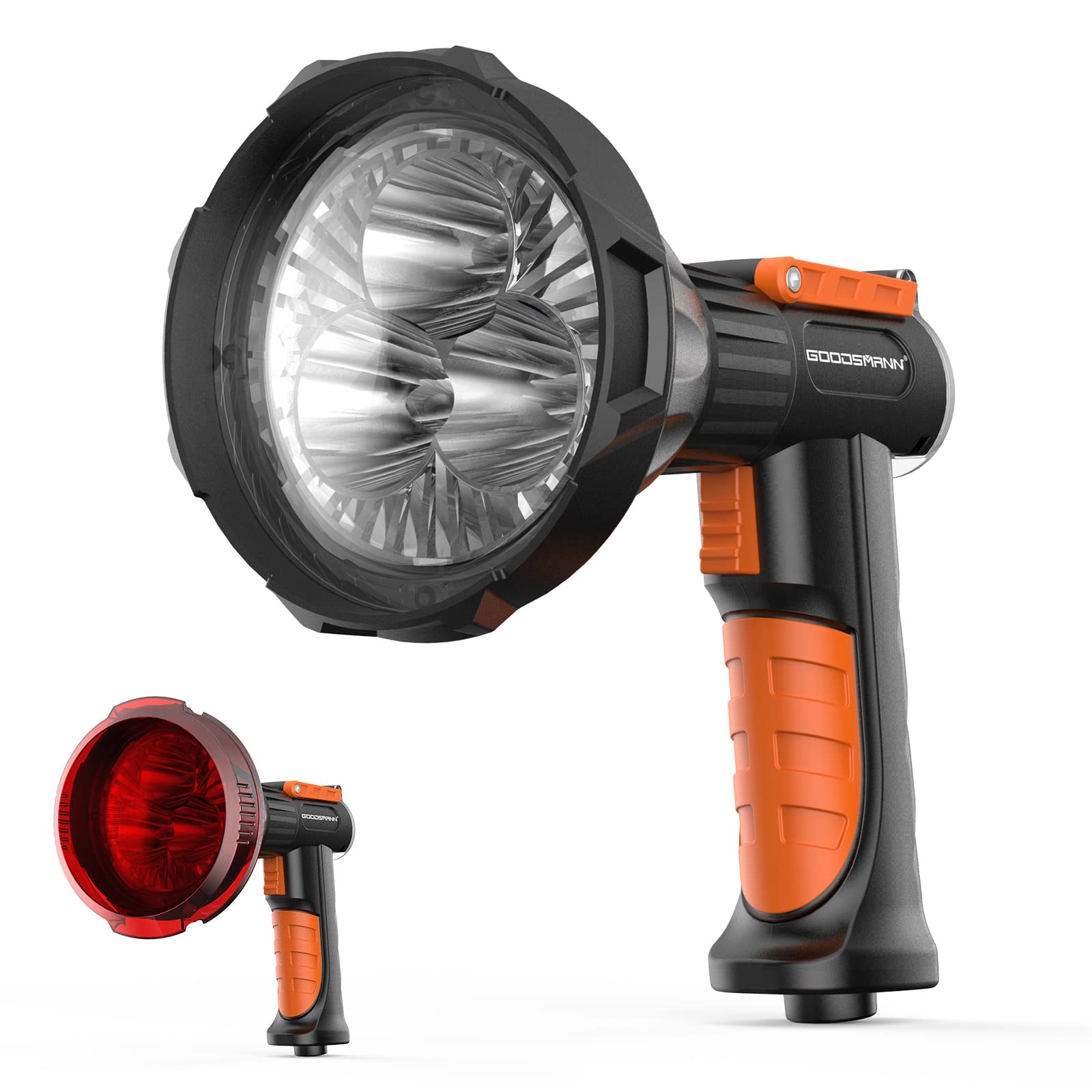 GOODSMANN 4000 Lumen LED Marine Spotlight - Rechargeable 12V Boat Navigation Light with Detachable Red Lens, Wall & Car Charger - Perfect for Night Boating, Fishing, Emergency Search & Rescue, Camping, and Off-Road Adventures