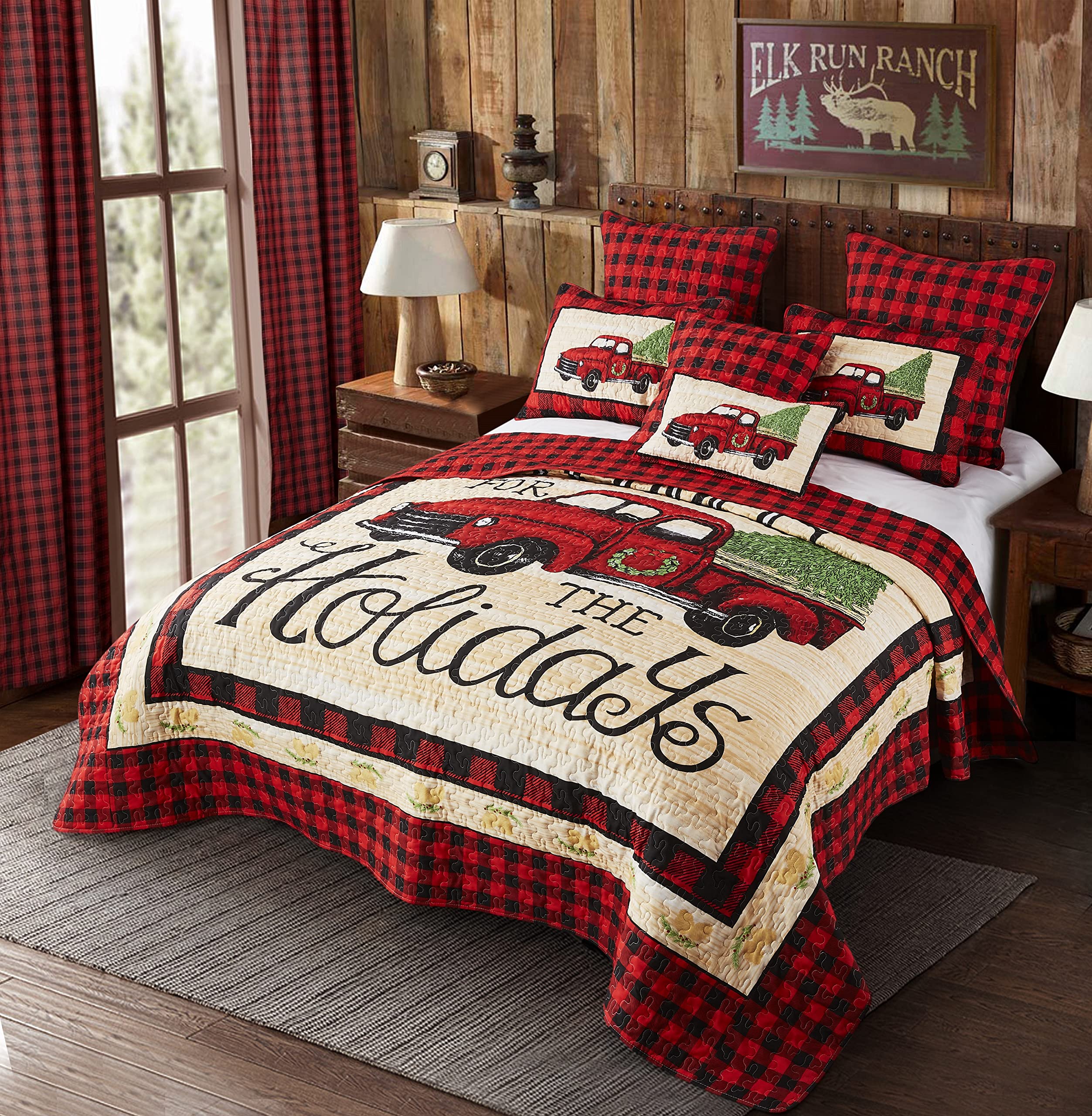 Virah Bella 3-Piece Queen Cabin Quilt Bedding Set - Red Truck Holiday Design - Rustic Wildlife Country Reversible Comforter with Decorative Pillow Shams, Red/Khaki - Perfect for Camping, Cabin Retreats & Cozy Farmhouse Bedrooms