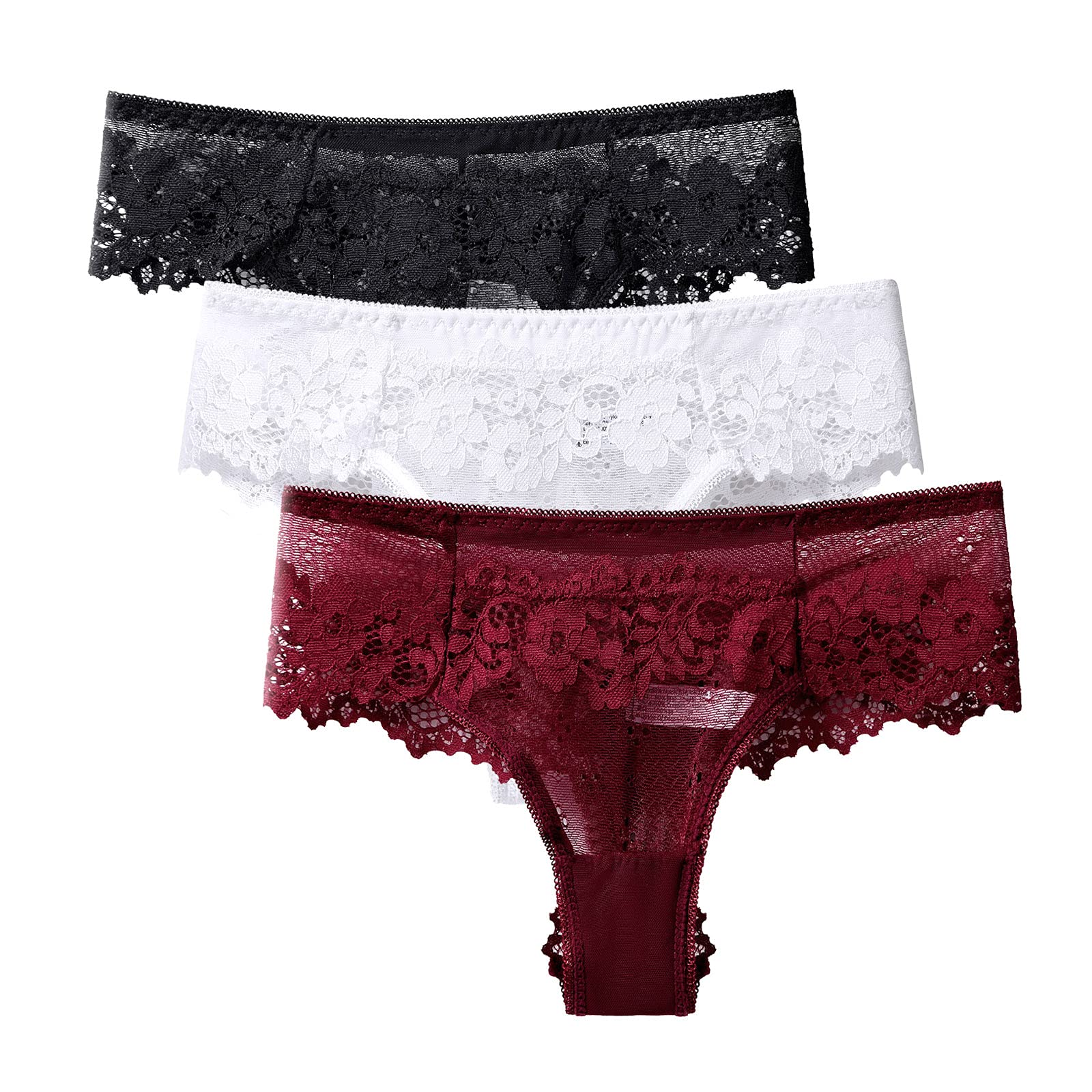3 Pack Women's Cheeky Lace Underwear - Hollow Out Hipster Panties with T-Back, Low Waist Briefs in Solid Colors | Comfortable Daily Wear & Sexy Lingerie for Women