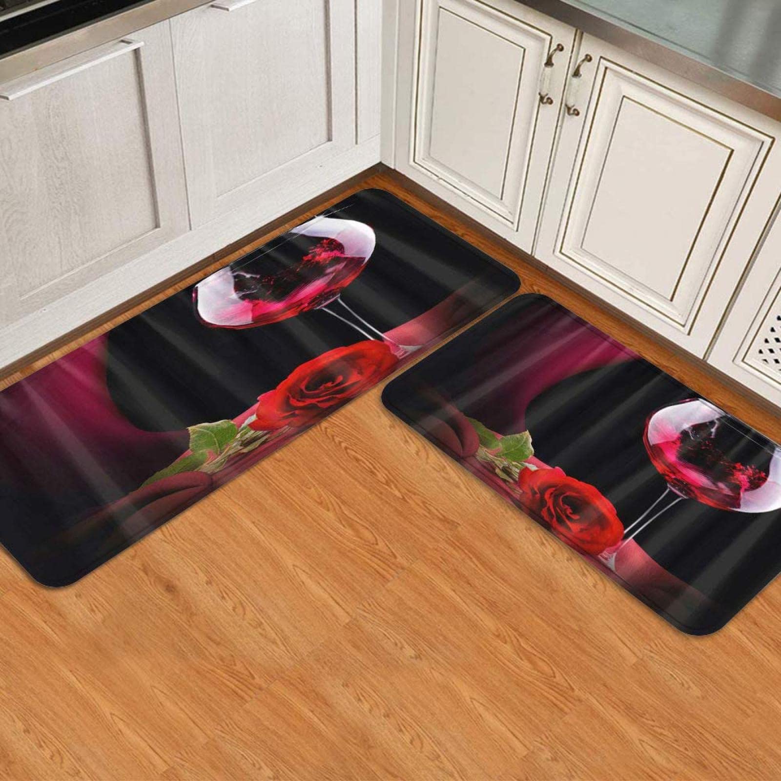 FWUAS Non-Slip Kitchen Rug and Mat Set of 2 - Red Rose & Wine Design, Rubber Backing Doormat Runner for Kitchen, Entryway, and Laundry Room - Perfect for Home Decor and Floor Protection