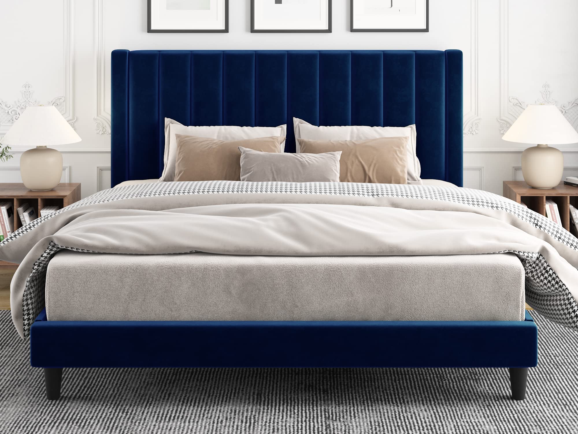 IMUsee King Size Velvet Upholstered Tufted Platform Bed Frame with Headboard - Sturdy Wood Slat Support, No Box Spring Needed, Easy Assembly in Navy Blue - Perfect for Master Bedrooms & Guest Rooms