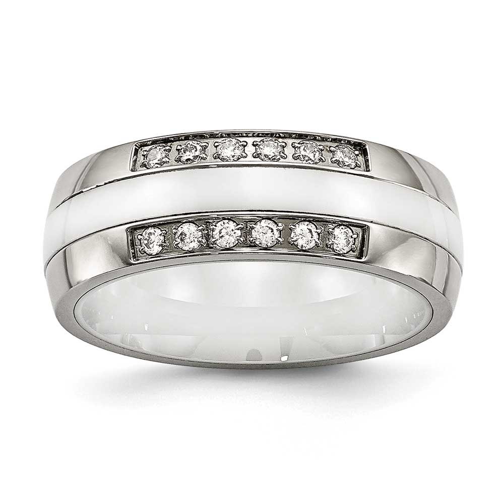 Stainless Steel Polished White Ceramic CZ Ring - Size 8 | Elegant Cubic Zirconia Wedding Band for Women, Durable Hypoallergenic Jewelry Gift for Anniversary, Engagement & Everyday Wear
