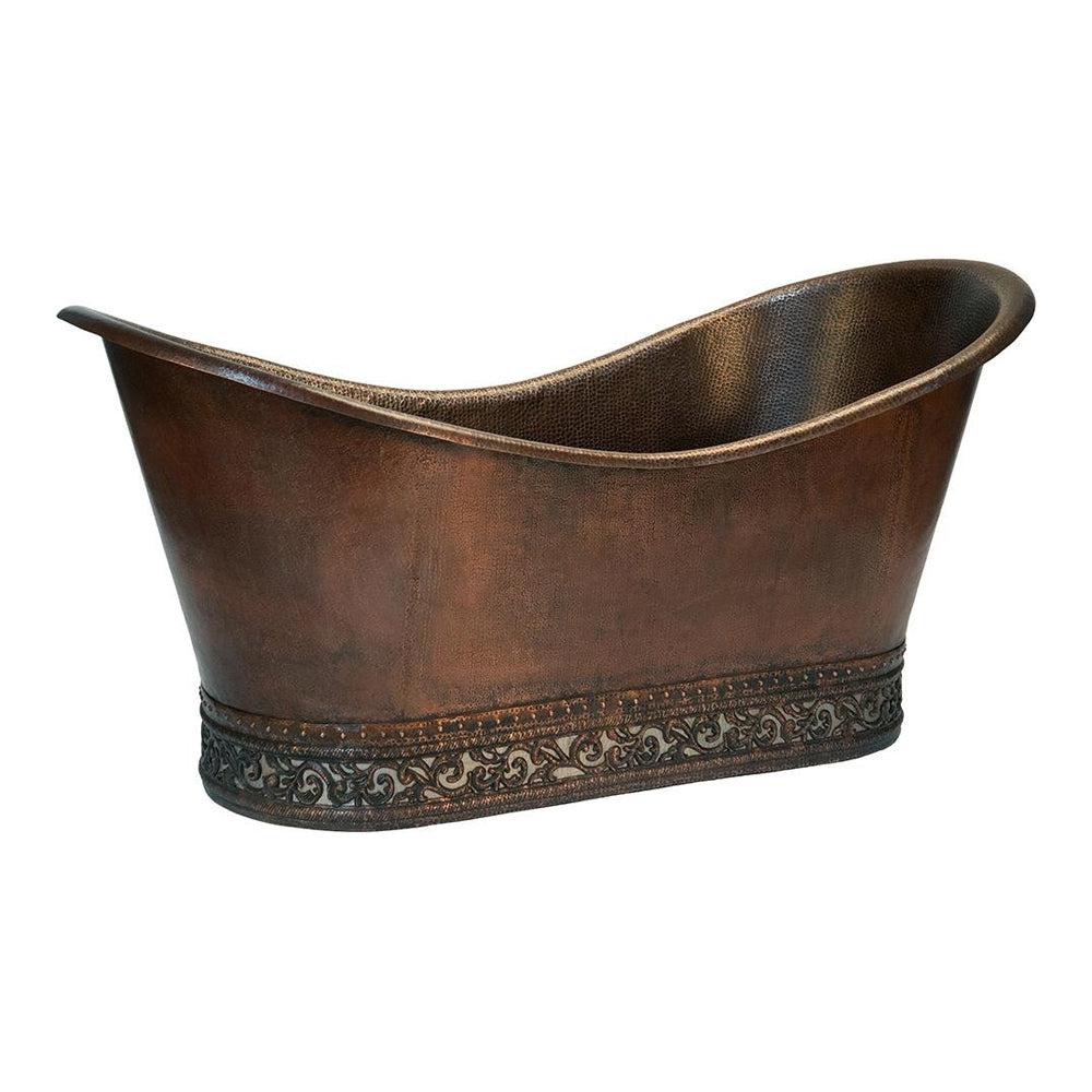 Premier 67-inch Hammered Copper Double Slipper Bathtub with Scroll Base & Nickel Inlay - Freestanding Soaking Tub for Luxury Bathroom & Spa Retreat (BTN67DB)