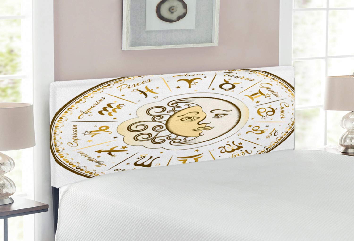 Ambesonne Zodiac Headboard - Circular Zodiac Chart with Sun & Moon Position Print, Upholstered Decorative Metal Bed Frame with Memory Foam - Full Size Yellow Beige - Perfect for Bedroom Decor & Astrology Lovers