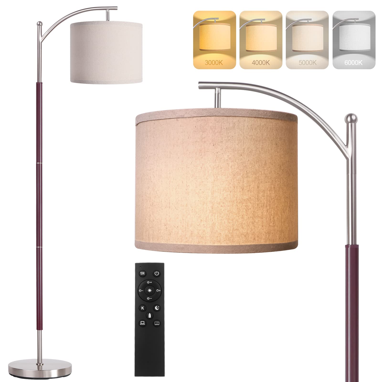 ROTTOGOON 4-Color Temperature LED Floor Lamp with Remote & Foot Switch - Modern Standing Light for Living Room, Bedroom, Study & Office (Silver & Brown) | Adjustable Brightness for Reading, Relaxing & Ambient Lighting