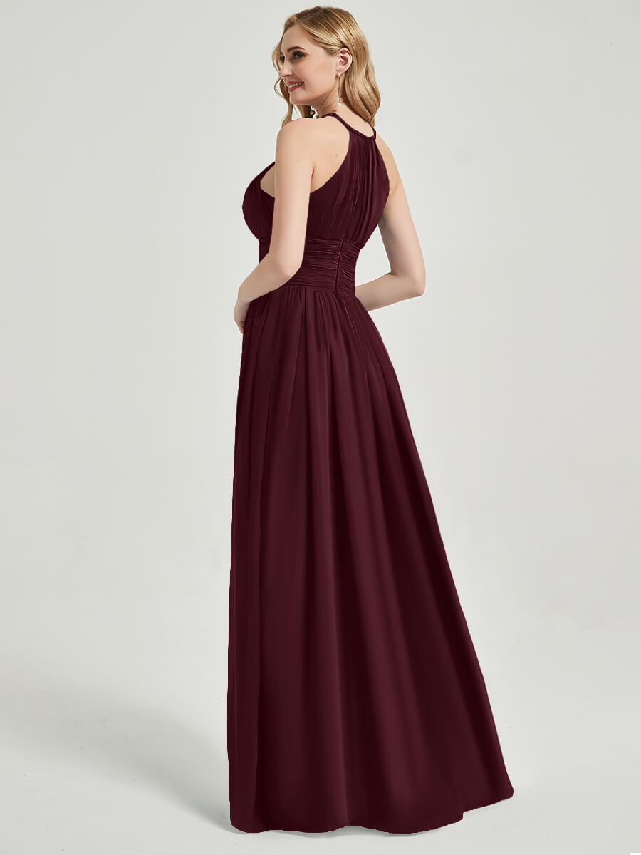 Elegant Burgundy Pleated Halter Sleeveless A-Line Chiffon Bridesmaid Dress for Weddings & Formal Events