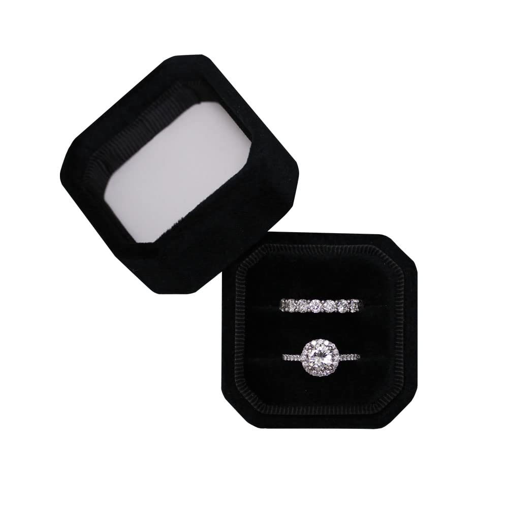 BLUTETE Square Octagon Ring Box 2 Slots - Wedding Engagement Ring Set Keepsake Jewelry Display Box - Bridal Photo Gift Box for Proposals, Anniversaries & Special Occasions (Black)