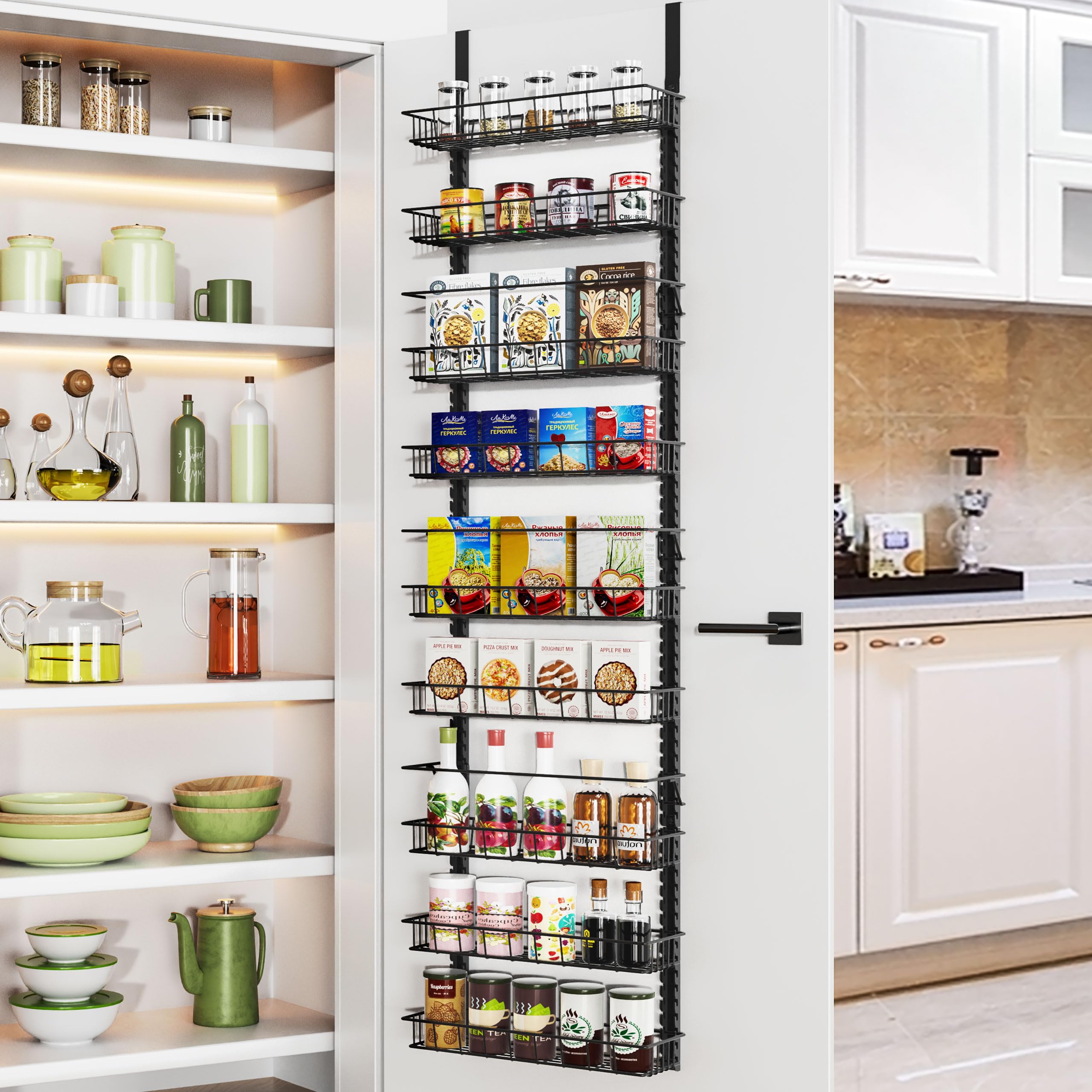 Churboro Over the Door Pantry Organizer - 9-Tier Adjustable Spice Rack with 9 Baskets, Dual Use Hanging or Wall Mount Storage Solution (Black) - Perfect for Kitchen, Bathroom & Closet Organization