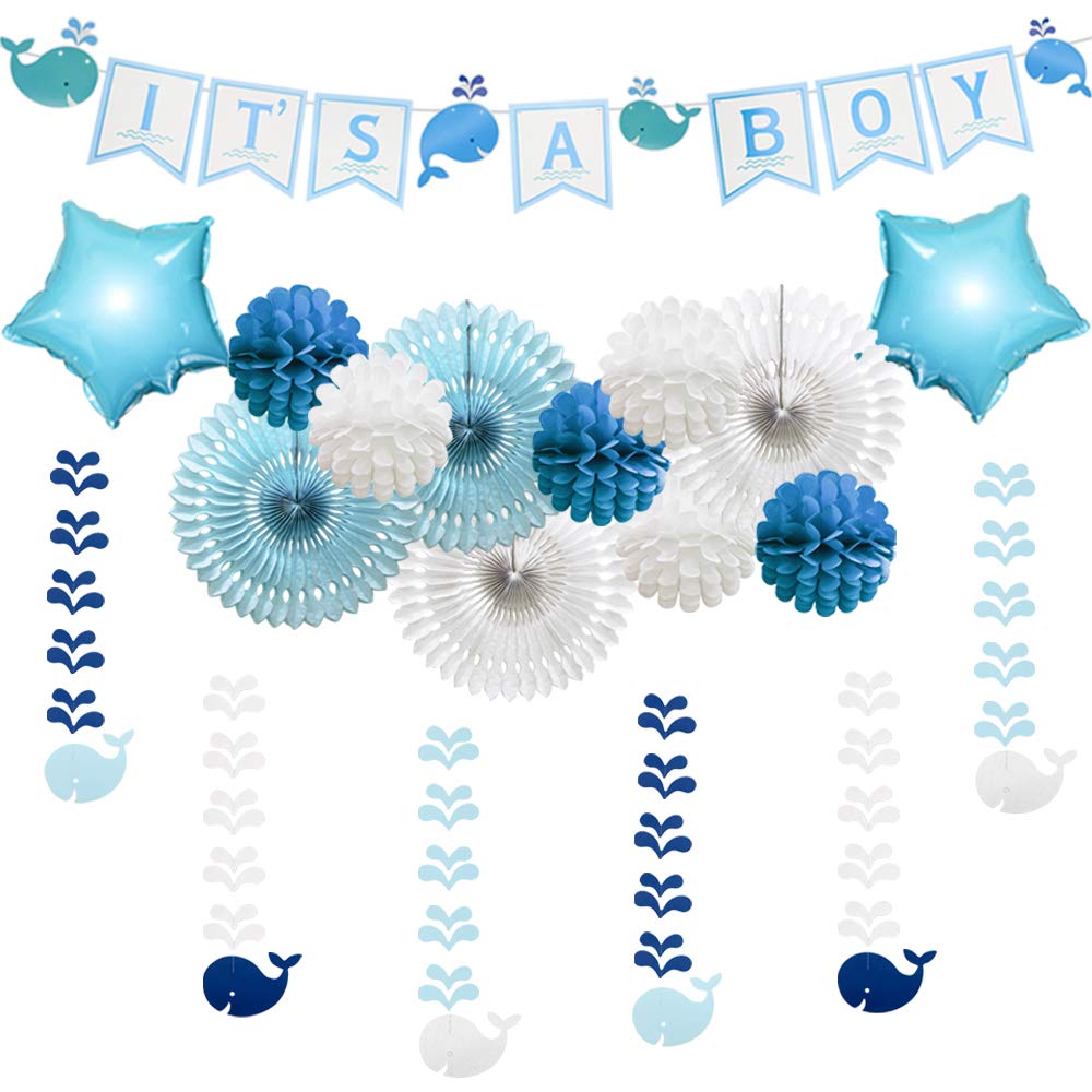 Blue Whale Baby Shower Decorations Set for Boys - It's A Boy Banner, Hanging Whale Banners, Paper Fans, Pom Poms & Star Foil Balloons | Ocean Theme Nursery & Birthday Party Decor