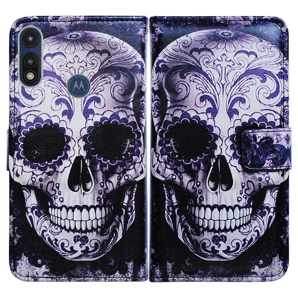 Premium Leather Flip Wallet Case for Motorola Moto E 2020 - Floral Skull Design with Card Slots & Kickstand | Stylish Protective Cover for Everyday Use, Travel & Business Meetings