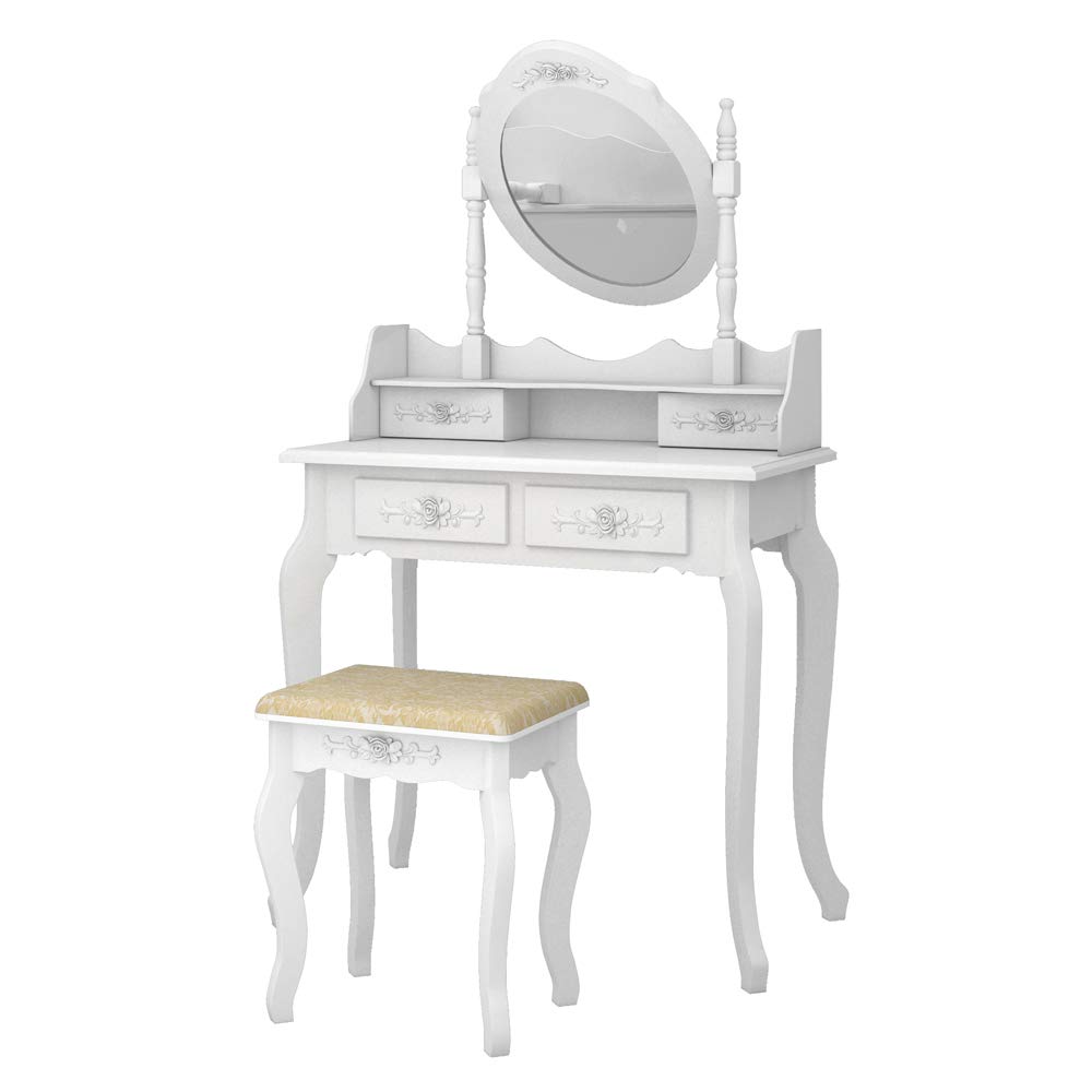 GUBA White Makeup Vanity Table Set with Oval Mirror & Cushioned Stool - 4 Drawers Dressing Table for Bedroom, Beauty Salon & Home Decor - Perfect for Makeup Organization & Vanity Storage