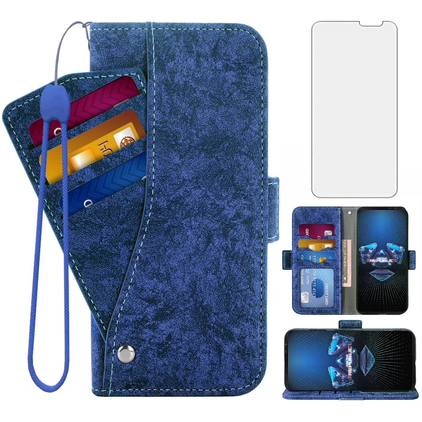 ASUS ROG Phone 5/5s Series Wallet Case with Tempered Glass Screen Protector, Magnetic Kickstand & Card Holder - Compatible with ROG Phone 5/5 Pro/5s/5s Pro/5 Ultimate - Perfect for Gaming, Travel & Daily Use (Blue)