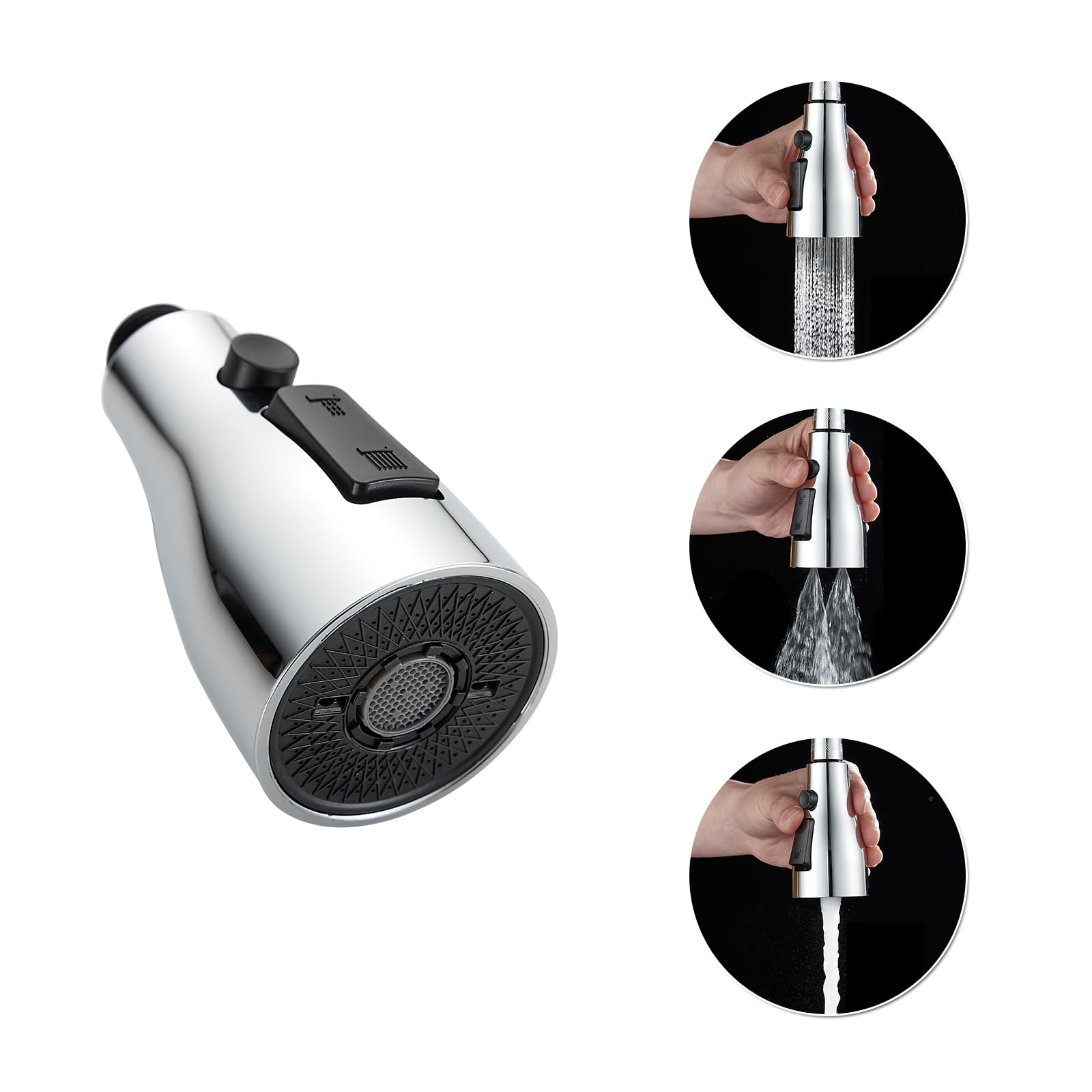 QAOYEDE 3-Function Pull Down Kitchen Faucet Spray Head Replacement - Stream, Spray & Dual Waterfall Modes, Chrome Finish - Perfect for Washing Dishes, Filling Pots & Cleaning Sinks
