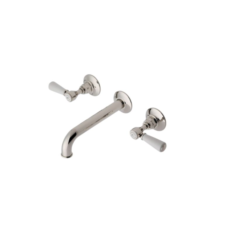Waterworks Highgate Wall Mounted Lavatory Faucet with Porcelain Lever Handles in Brass - Elegant Bathroom Sink Faucet for Modern & Traditional Home Decor