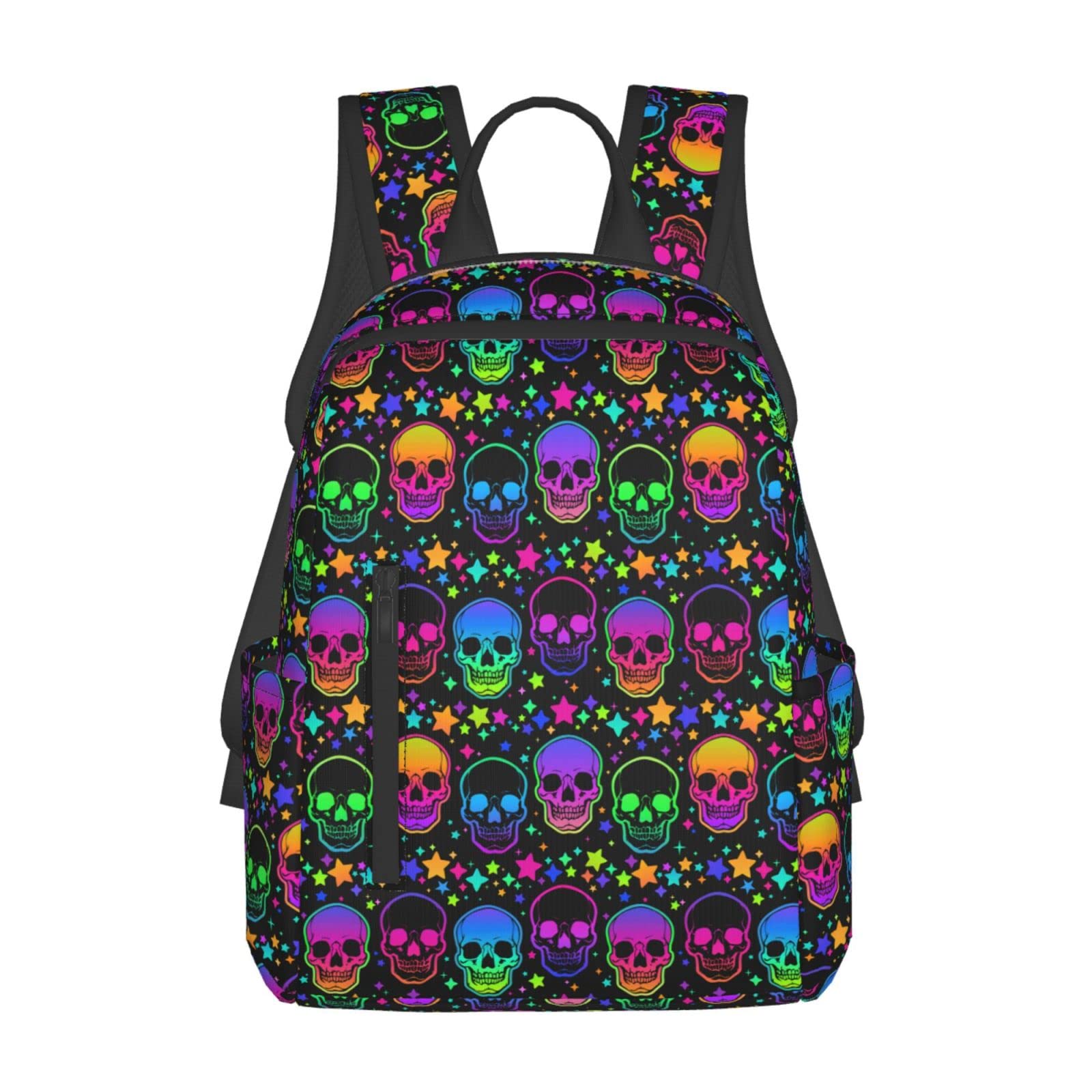 Neon Bright Human Skulls & Stars Seamless Backpack - Cool School Bag for Boys & Girls, Casual Laptop Backpack for College, Travel Daypack for Teens & Adults | Perfect for School, Work, Travel & Everyday Use