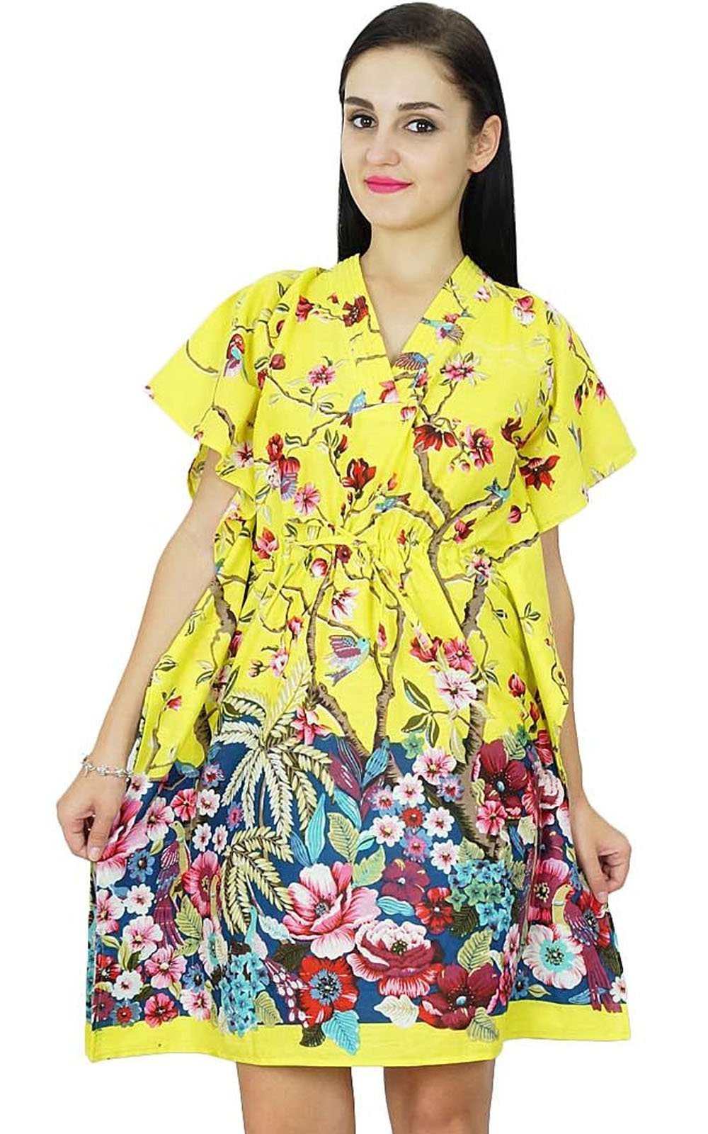 Bimba Women's Floral Kaftan Dress - Cotton Beach Cover Up Short Caftan for Summer Vacation, Pool Party & Boho Outfit