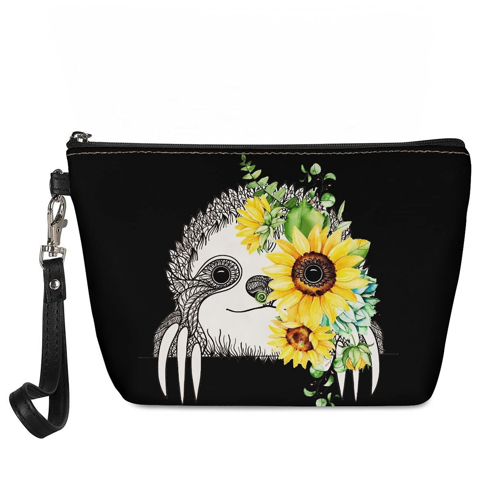 Sunflower Sloth Makeup Pouch for Women - Waterproof Travel Cosmetic Bag, Small Purse Organizer for Brushes, Pencils & Coins - Durable Clutch Toiletry Bag | Perfect Gift for Her, Great for Travel, Daily Use & Work Essentials