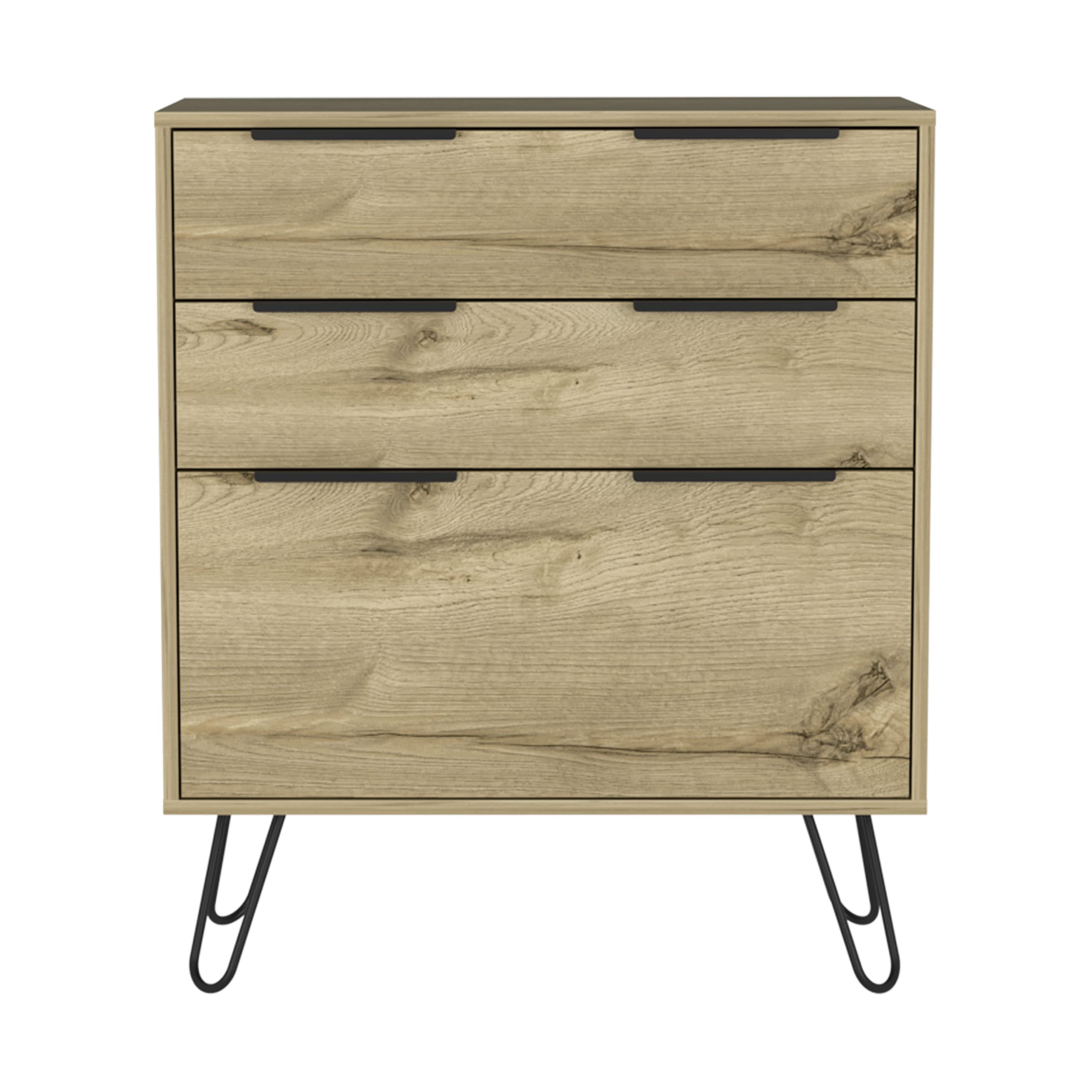 Light Oak 3-Drawer Dresser with Countertop & Steel Legs - Modern Bedroom Storage Furniture for Clothes, Jewelry & Accessories | Perfect for Master Bedroom, Guest Room & Dorm Organization
