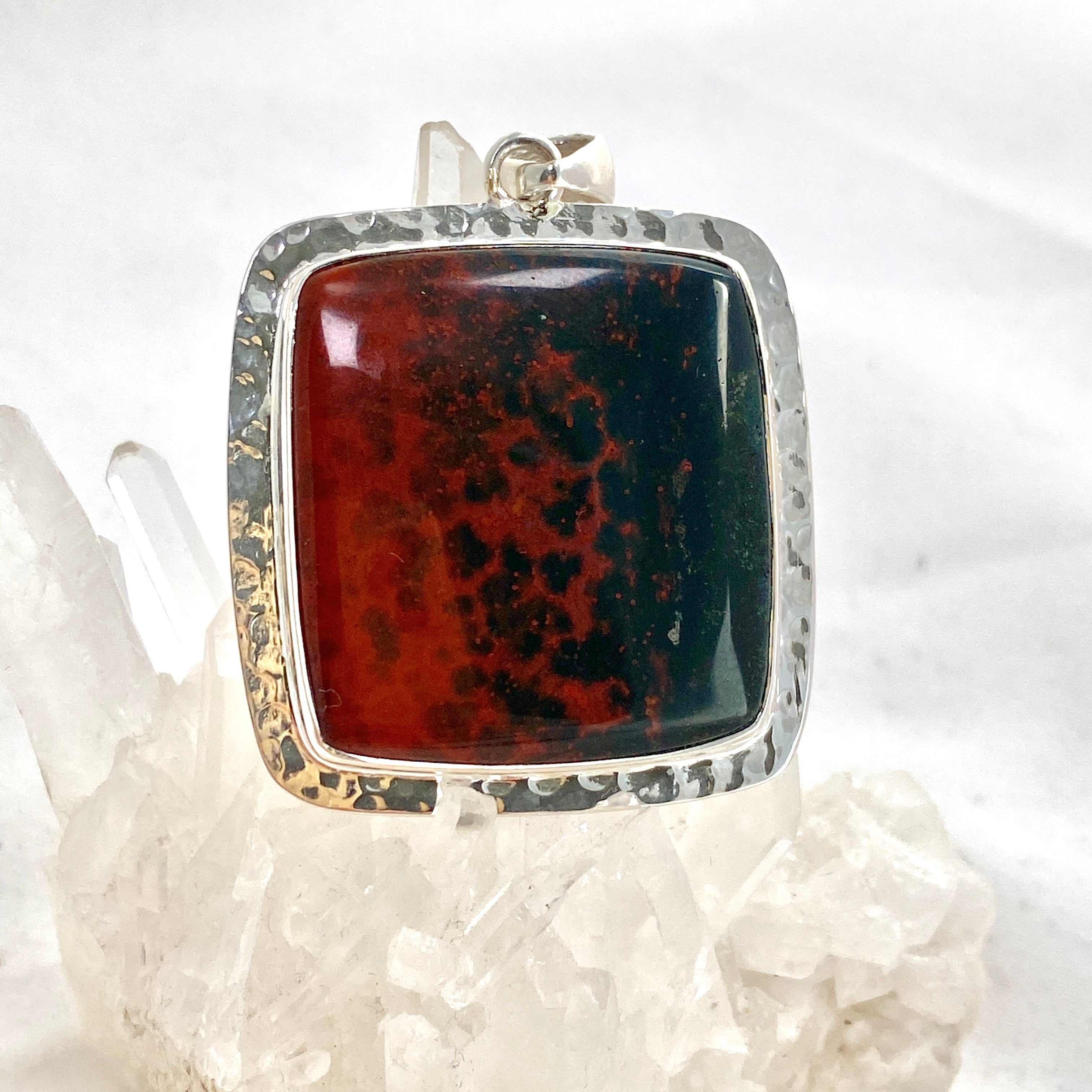 Natural Bloodstone Square Cabochon Pendant in Hammered Sterling Silver Setting KPGJ4743 - Perfect for Healing Jewelry, Meditation & Spiritual Gifts