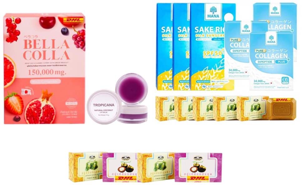 Premium BellaColla Collagen Dipeptide 150,000mg Set (24 Pieces) with MANA SAKE RICE SILK SUNSCREEN CREAM - Anti-Aging & Skin Hydration - Includes Free Tomato Facial Mask - Fast DHL Express Shipping - Perfect for Daily Skincare Routine & Sun Protection