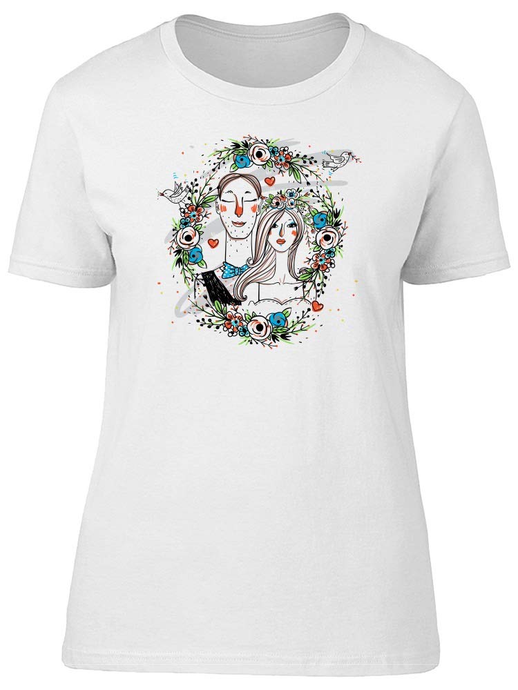 Floral Wreath Couple T-Shirt for Bride and Groom - Matching Wedding Tees for Engagement Photos, Bridal Shower & Honeymoon