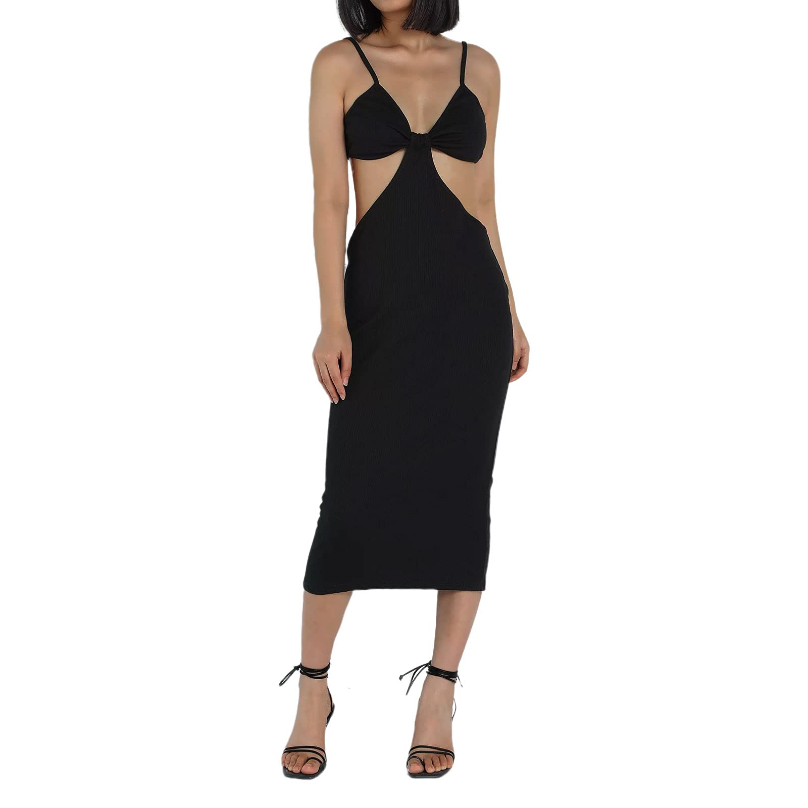 Hongskye Women's Solid Color Sleeveless V-Neck Hollow Out High Waist Knitted Bodycon Dress - Sexy Summer Casual Sling Dress for Beach, Party, and Date Night
