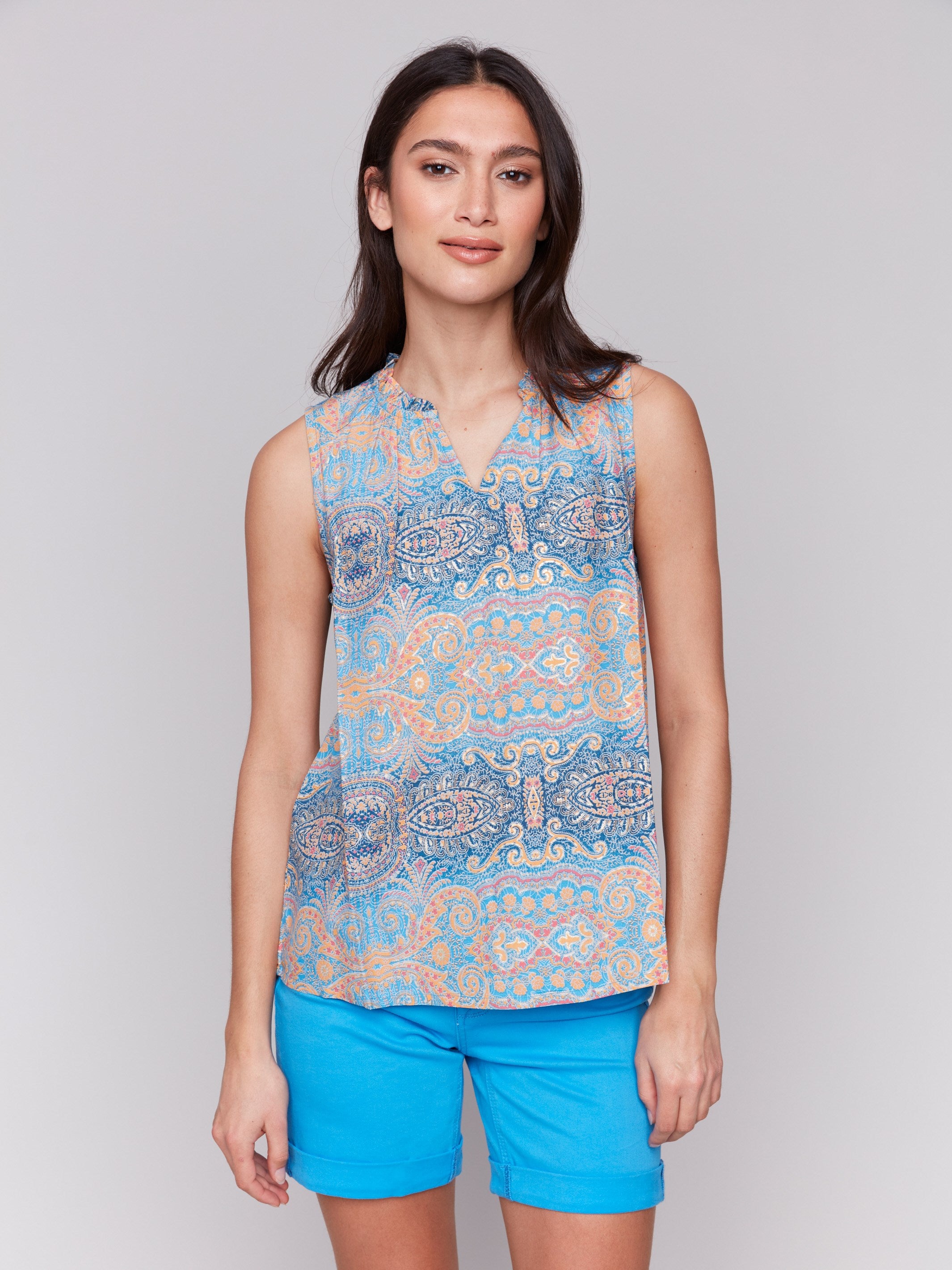 Printed Sleeveless Ruffle Neck Top for Women - Floral Summer Blouse | Perfect for Beach Vacation, Date Night & Casual Outings