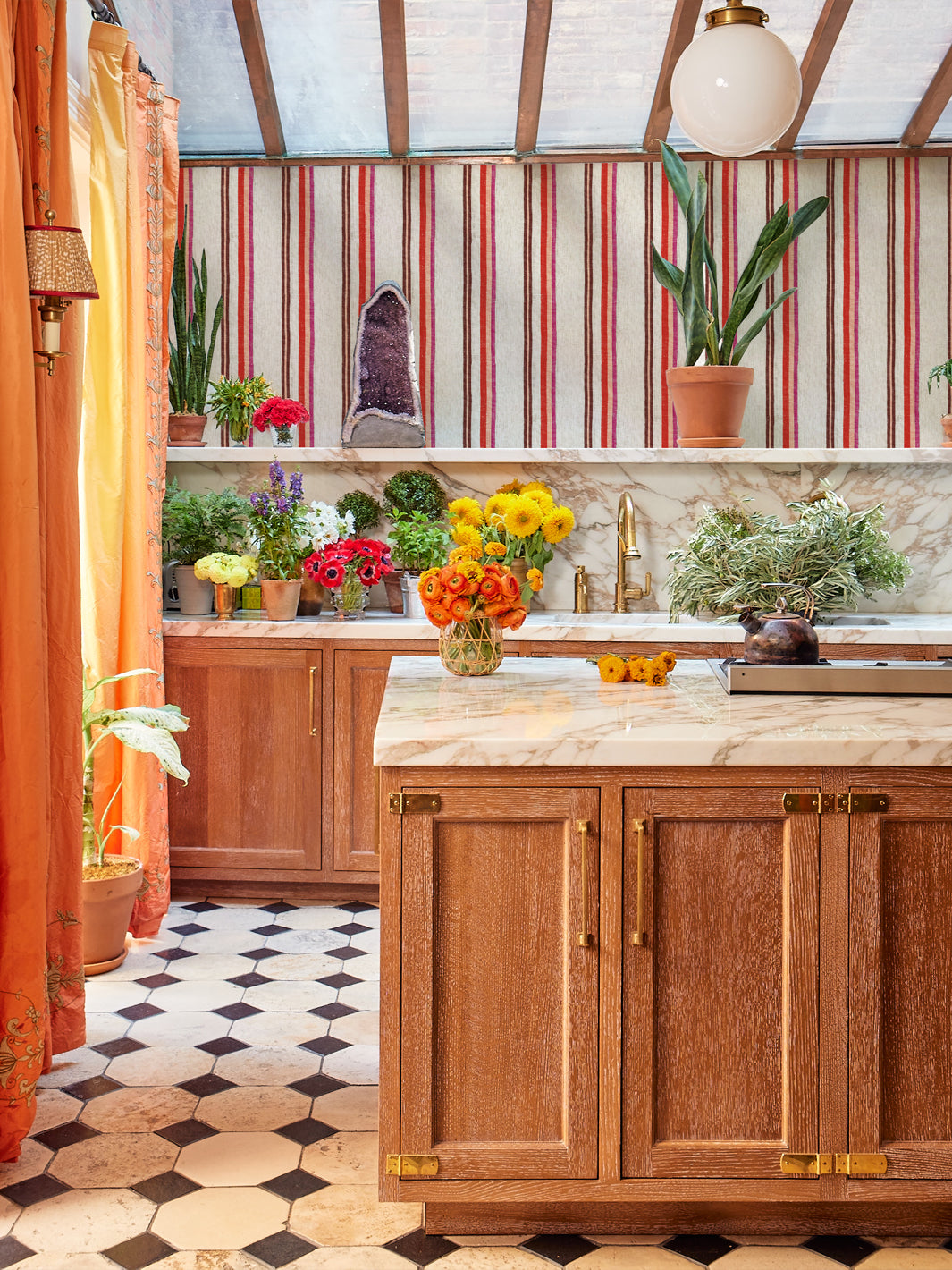 Lingua Franca 'Life is a Banquet' Stripe Wallpaper - Peach & Rust Peel and Stick Wallpaper for Dining Room, Bedroom, or Home Office Decor