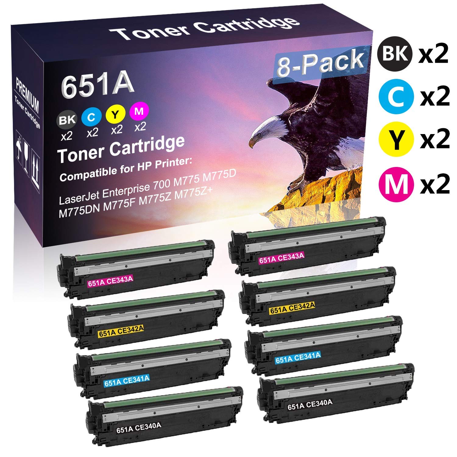 8-Pack (2BK+2C+2Y+2M) HP 651A CE340A CE341A CE342A CE343A Compatible Toner Cartridge Replacement for HP LaserJet Enterprise 700 M775 M775D Printers | High-Yield Printing for Office & Business Documents