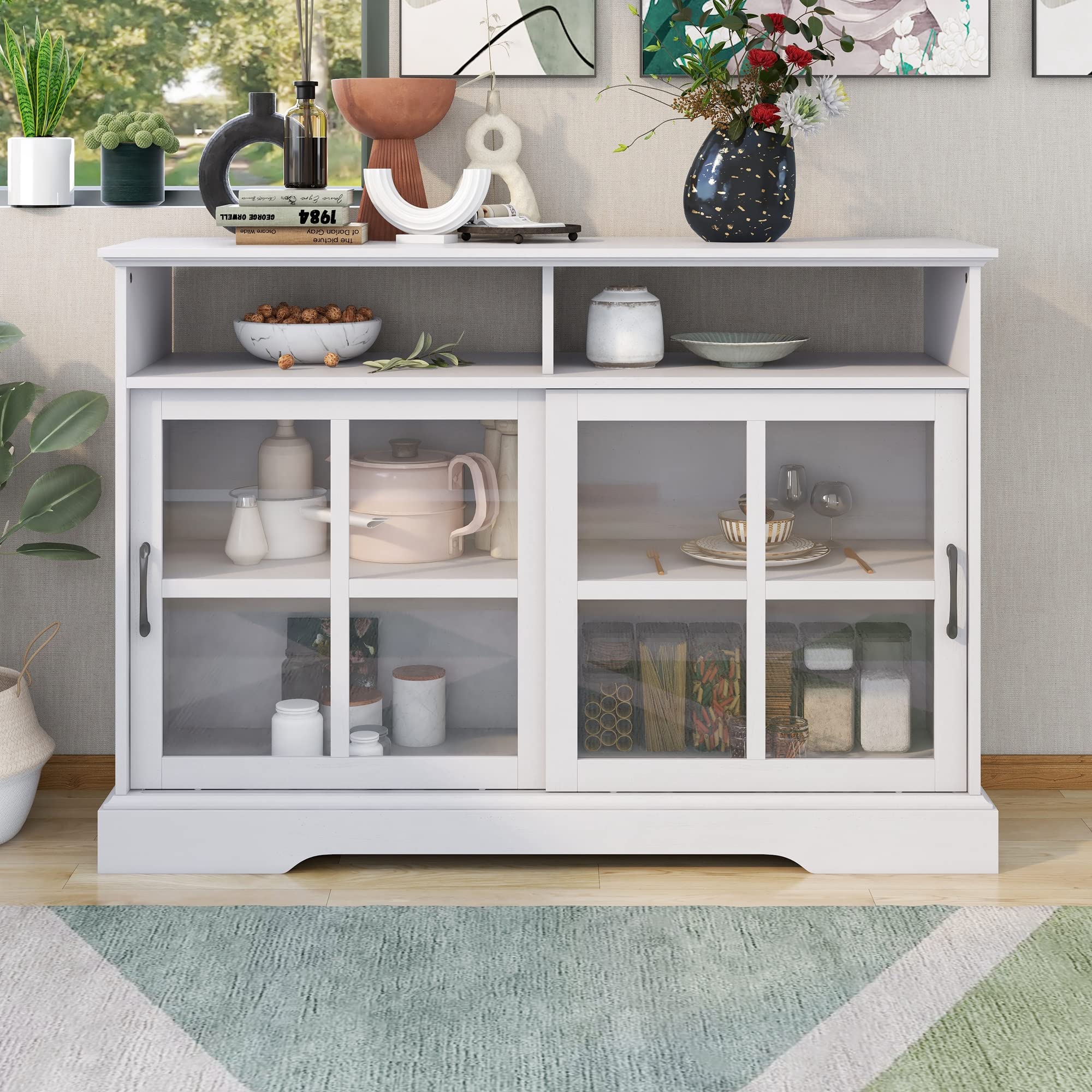 Modern Accent Cabinet with 2 Glass Sliding Doors & Adjustable Shelves - Kitchen Buffet Sideboard for Dining Room Storage - Antique White Finish | Perfect for Small Space Organization, Kitchenware Storage & Dining Room Decor