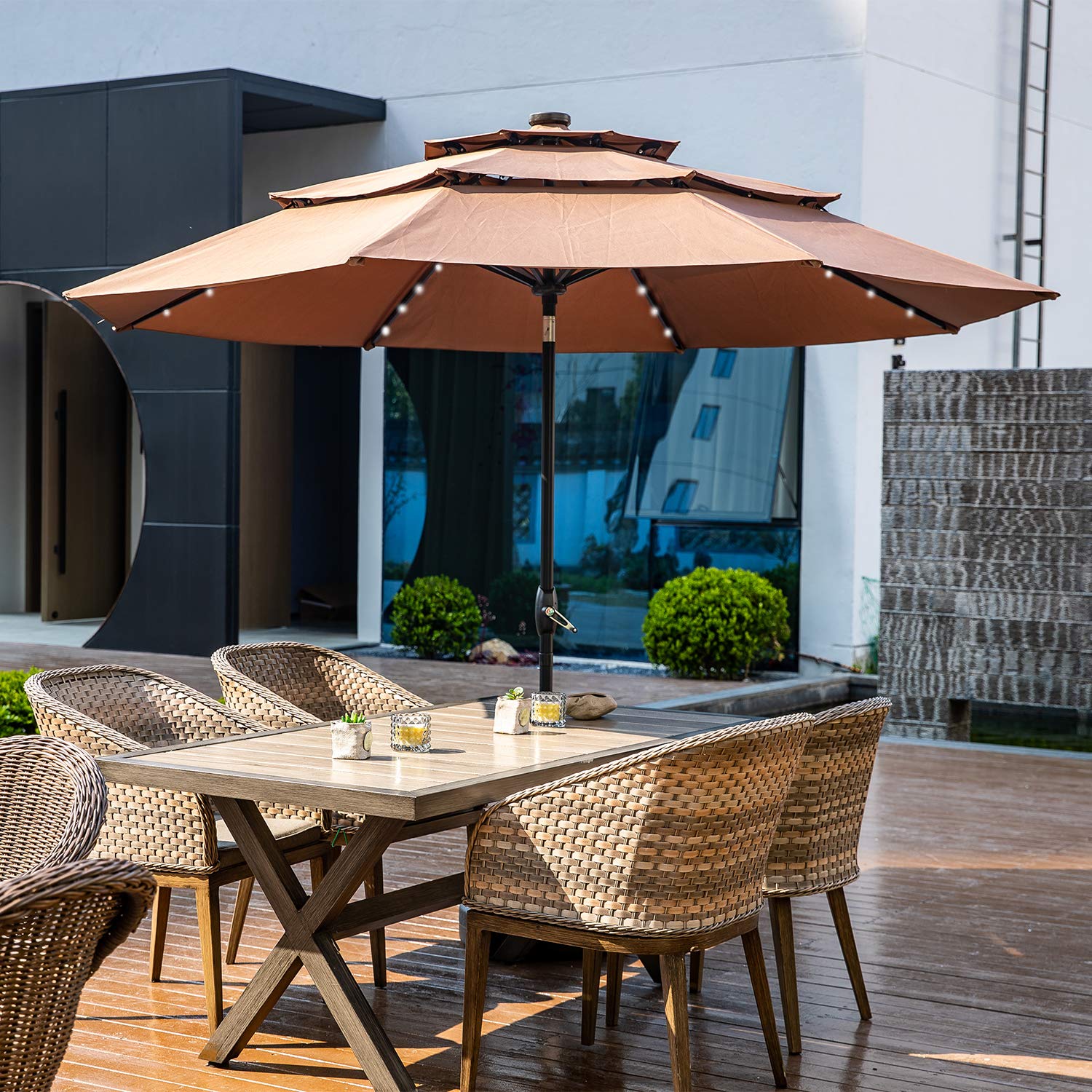 10FT 3-Tier Windproof Patio Umbrella with LED Lights - Large Waterproof Outdoor Market Umbrella with Tilt & Crank Mechanism (Coffee Brown) - Perfect for Backyard, Poolside, Restaurant, and Outdoor Dining Areas
