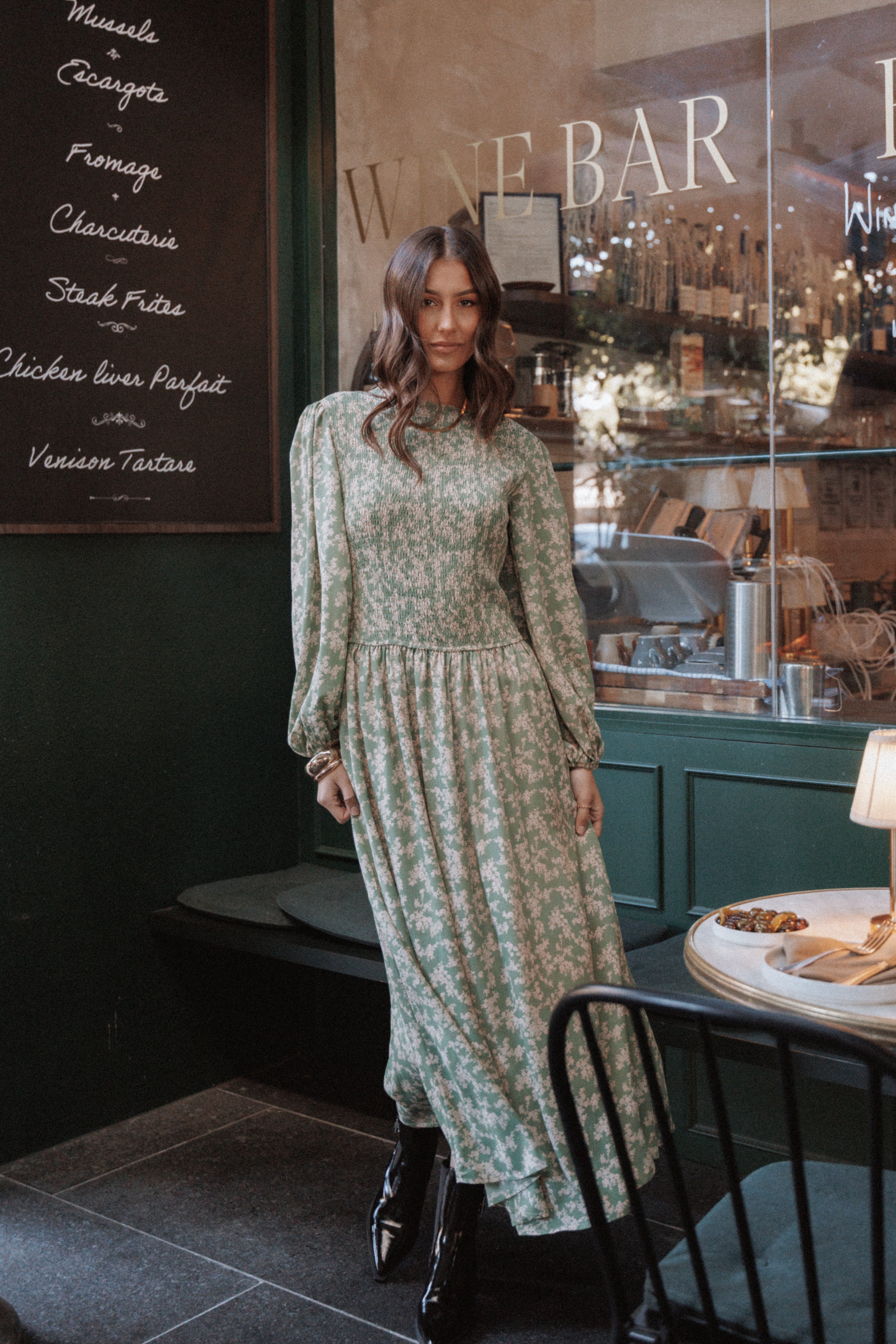 Ashara Women's Long Sleeve Midi Dress - Green Floral Print Elegant Flowy Dress for Work, Party & Special Occasions