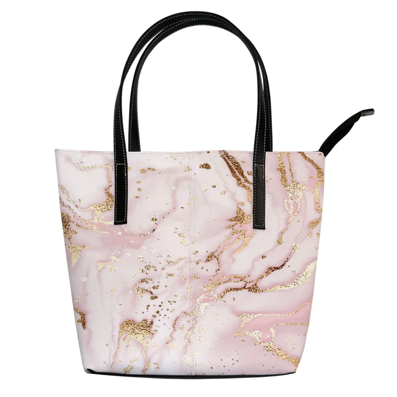 Pink and Gold Marble Print Leather Tote Bag for Women - Stylish Crossbody & Work Handbag with Zipper Closure | Perfect for Office, Travel & Daily Use