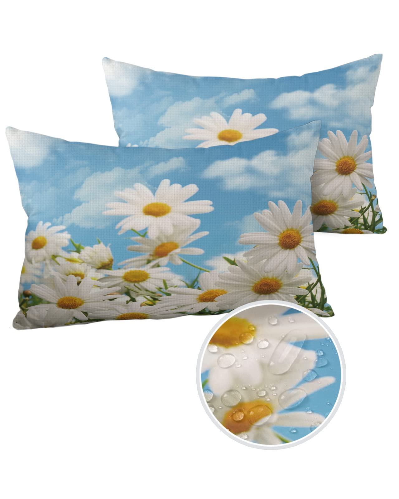 2 Pack Waterproof Outdoor Throw Pillow Covers 20x12 Inch - White Daisy Flower Decorative Cushion Cases for Patio Furniture, Garden Sofa Chairs - Perfect for Backyard, Poolside & Outdoor Living Spaces