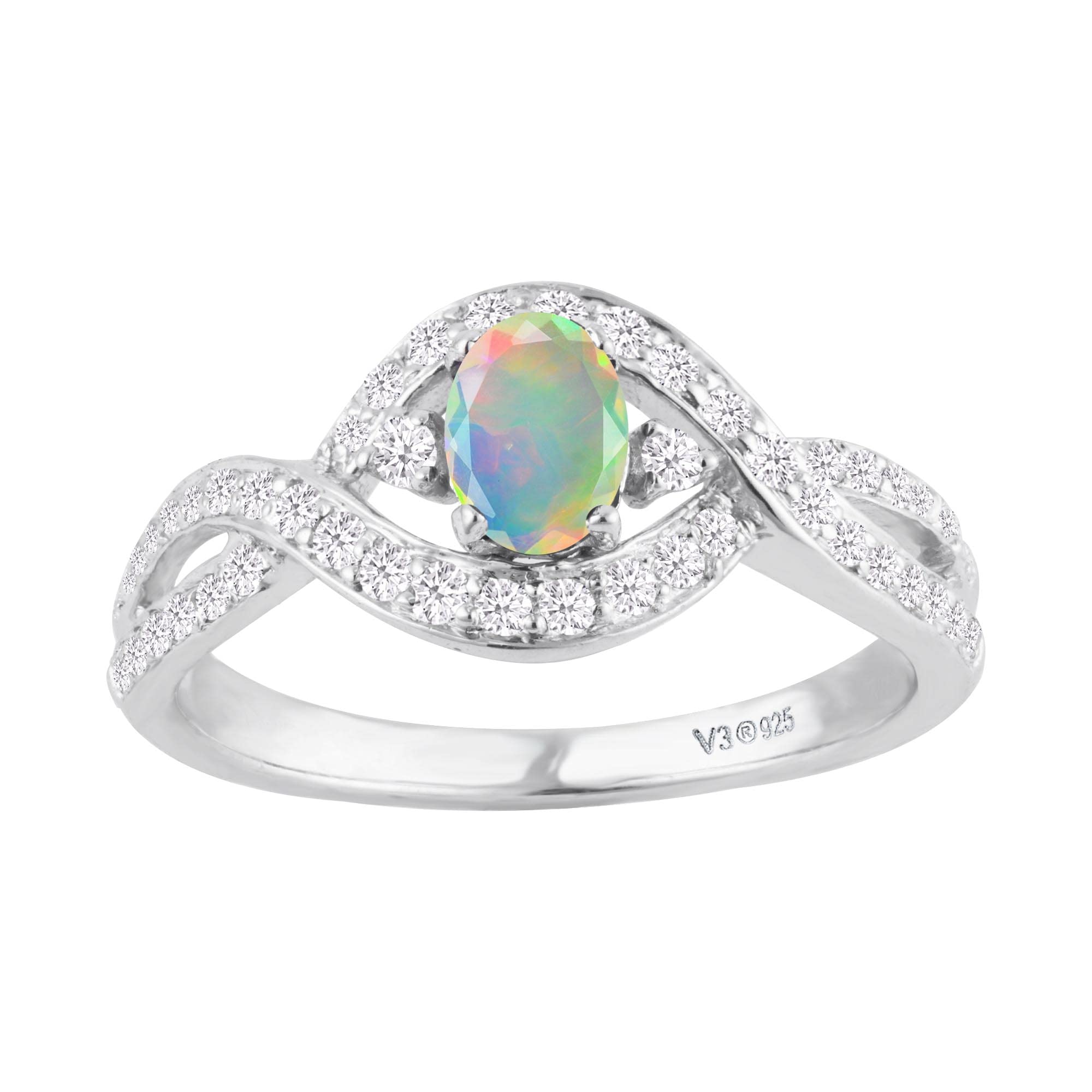 Exquisite Sterling Silver Engagement Ring with Natural Ethiopian Opal & White Zircon - Perfect for Proposals, Anniversaries & Special Occasions