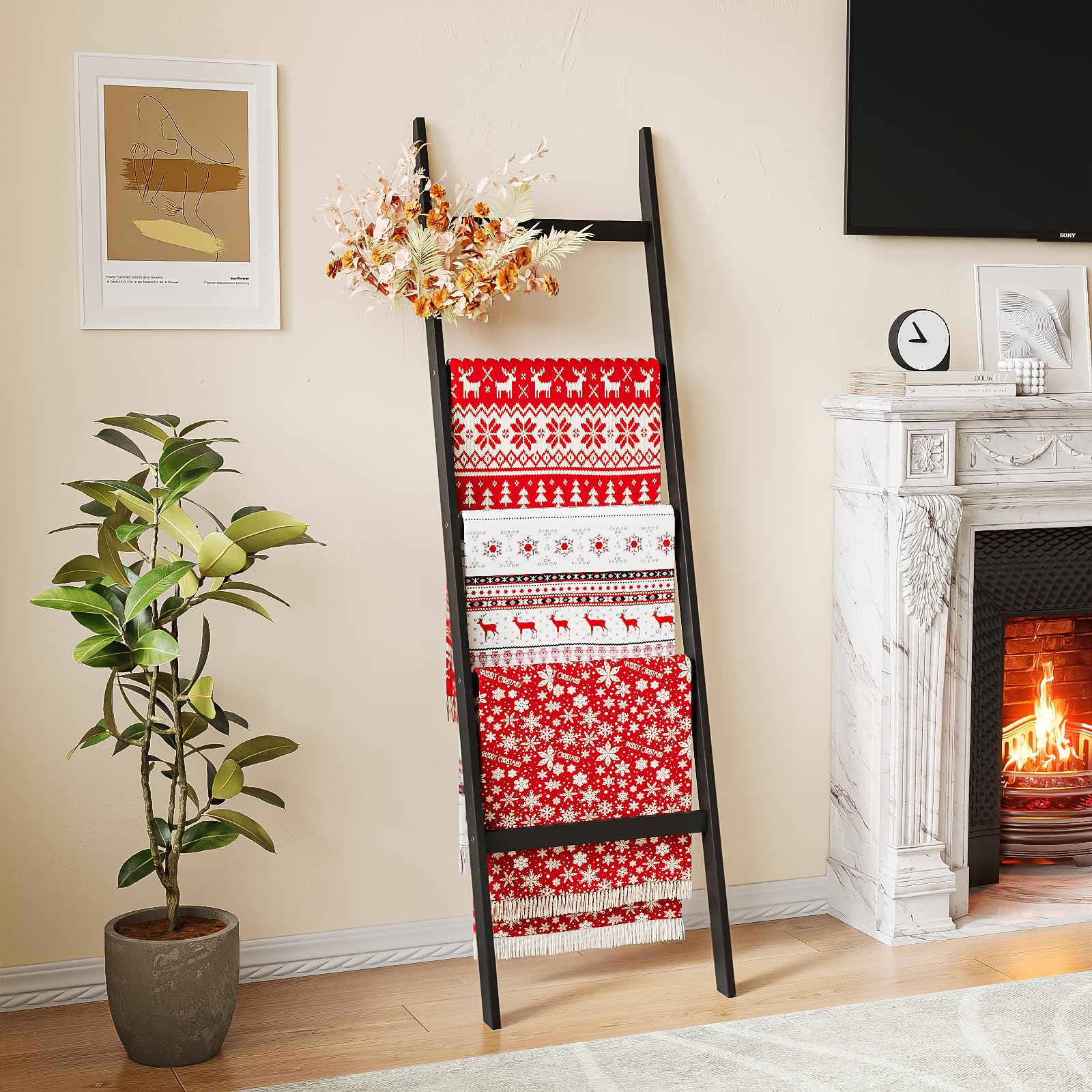 5-Tier Bamboo Blanket Ladder & Towel Holder - Sturdy Leaning Shelf for Bathroom & Living Room - No Drill Wall Mount - Perfect for Quilts, Scarves & Decorative Storage (Black) - Ideal for Farmhouse, Apartment & Dorm Organization