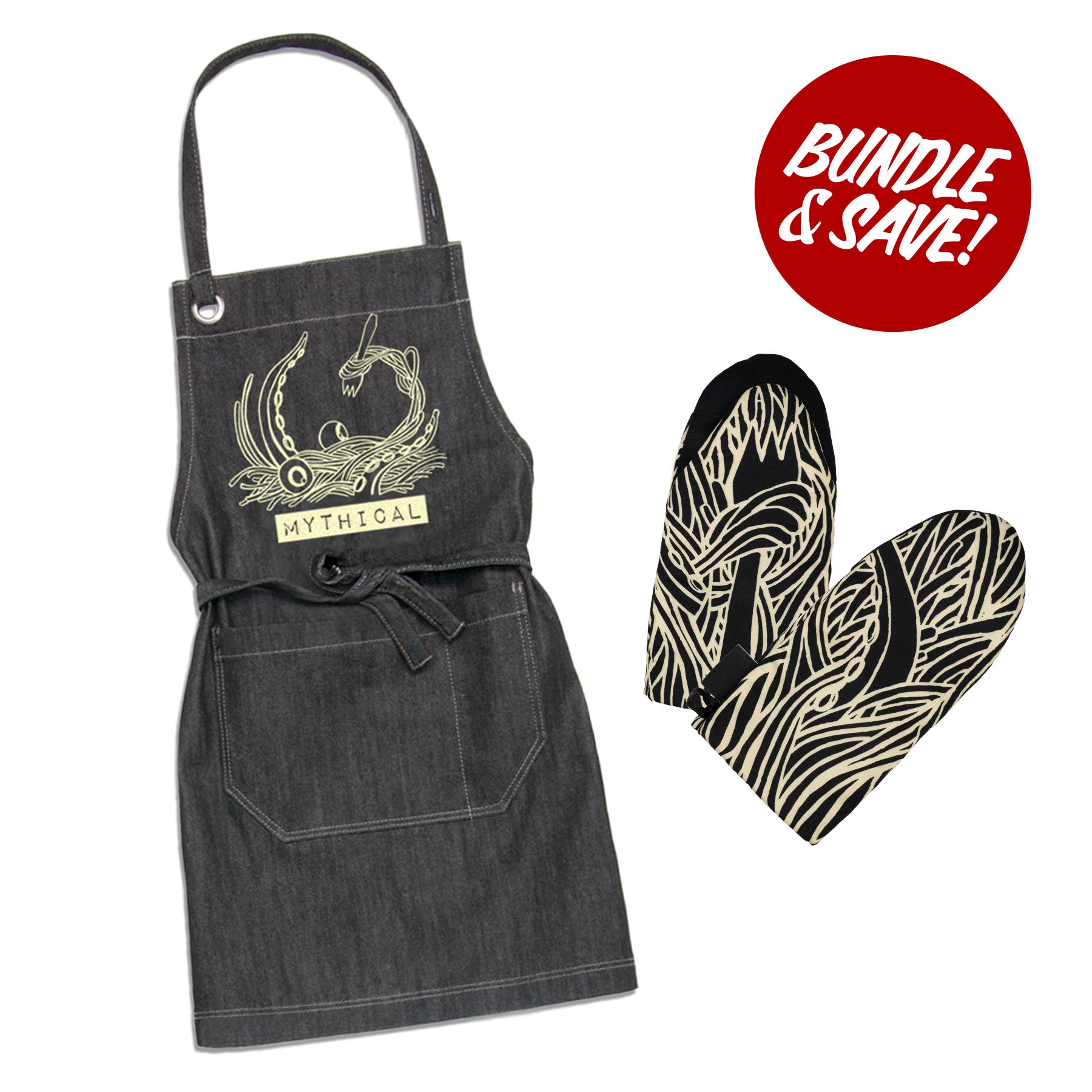 Mythical Kitchen Apron & Oven Mitts Set - Premium Heat Resistant Cooking Apron with Matching Mitts for Baking, Grilling & BBQ - Perfect Gift for Home Chefs
