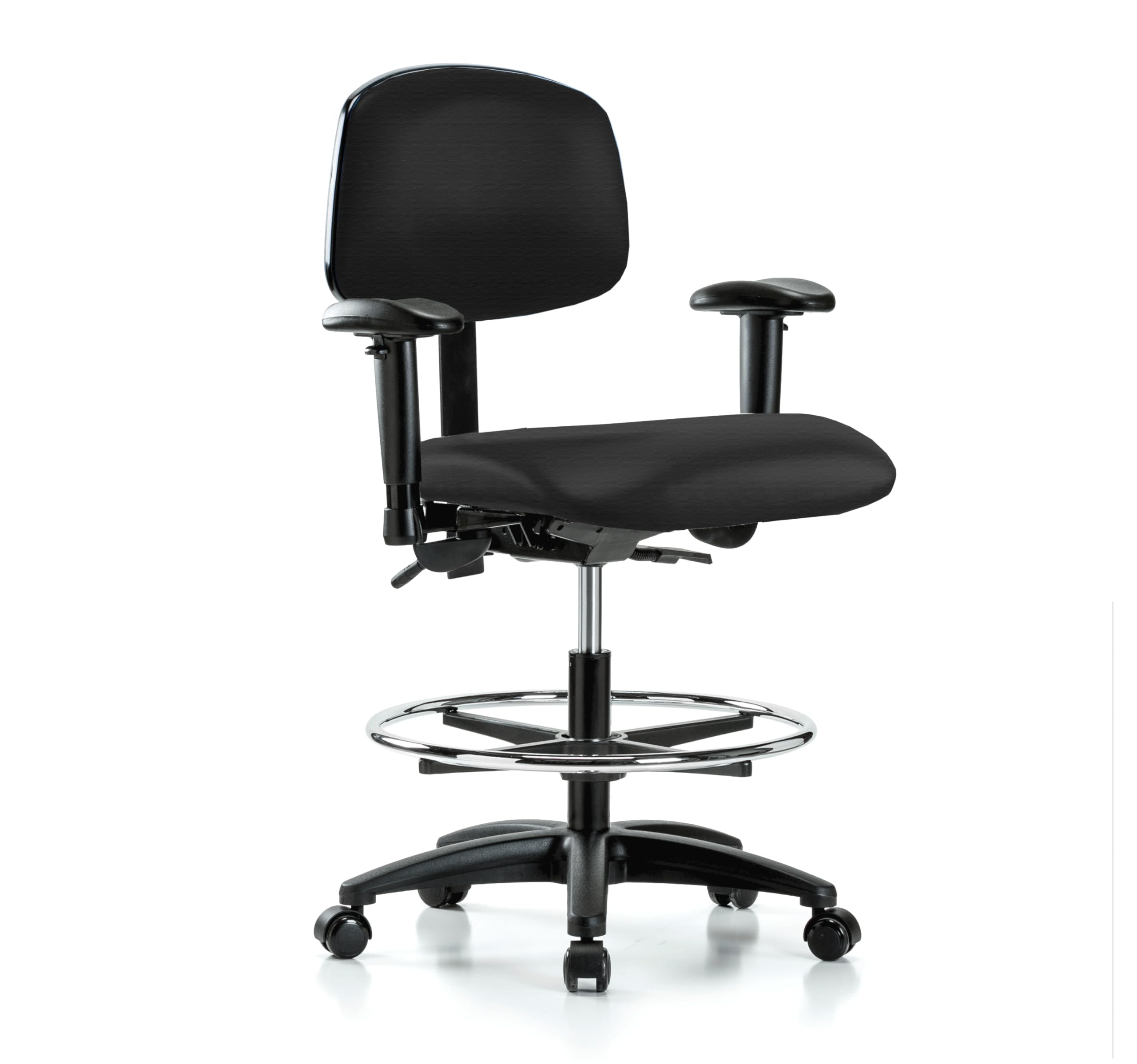 Perch Rolling Multi-Task Swivel Chair with Foot Ring - Adjustable Workbench Height for Hardwood & Tile Floors - Black Fabric Office Chair for Workshop, Garage & Home Office Use