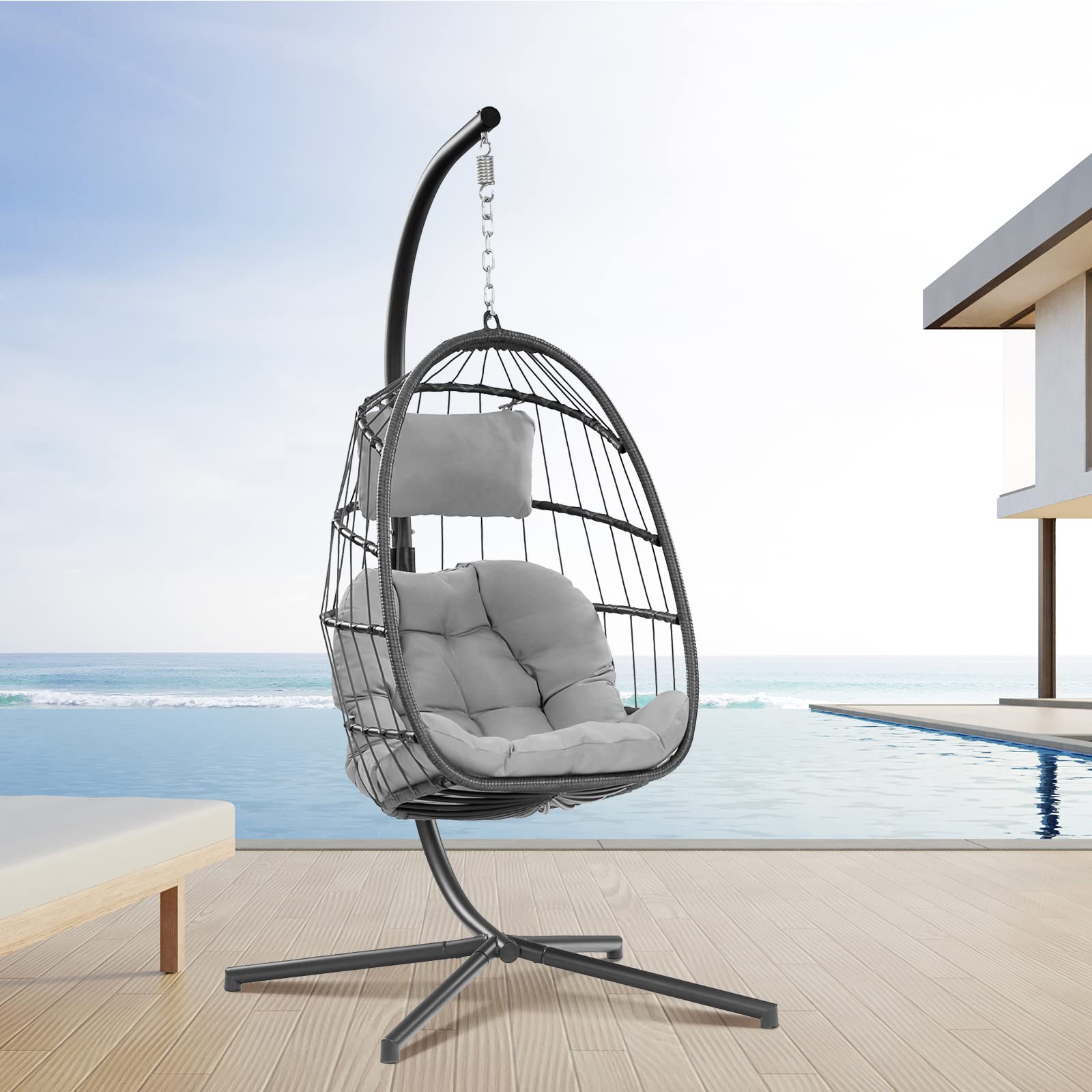 Outdoor Rattan Egg Swing Chair with Stand - Hanging Basket Hammock Chair with Aluminum Steel Frame & UV Resistant Cushion for Patio, Balcony, Bedroom, Garden - Perfect for Relaxing, Reading & Lounging (Grey)
