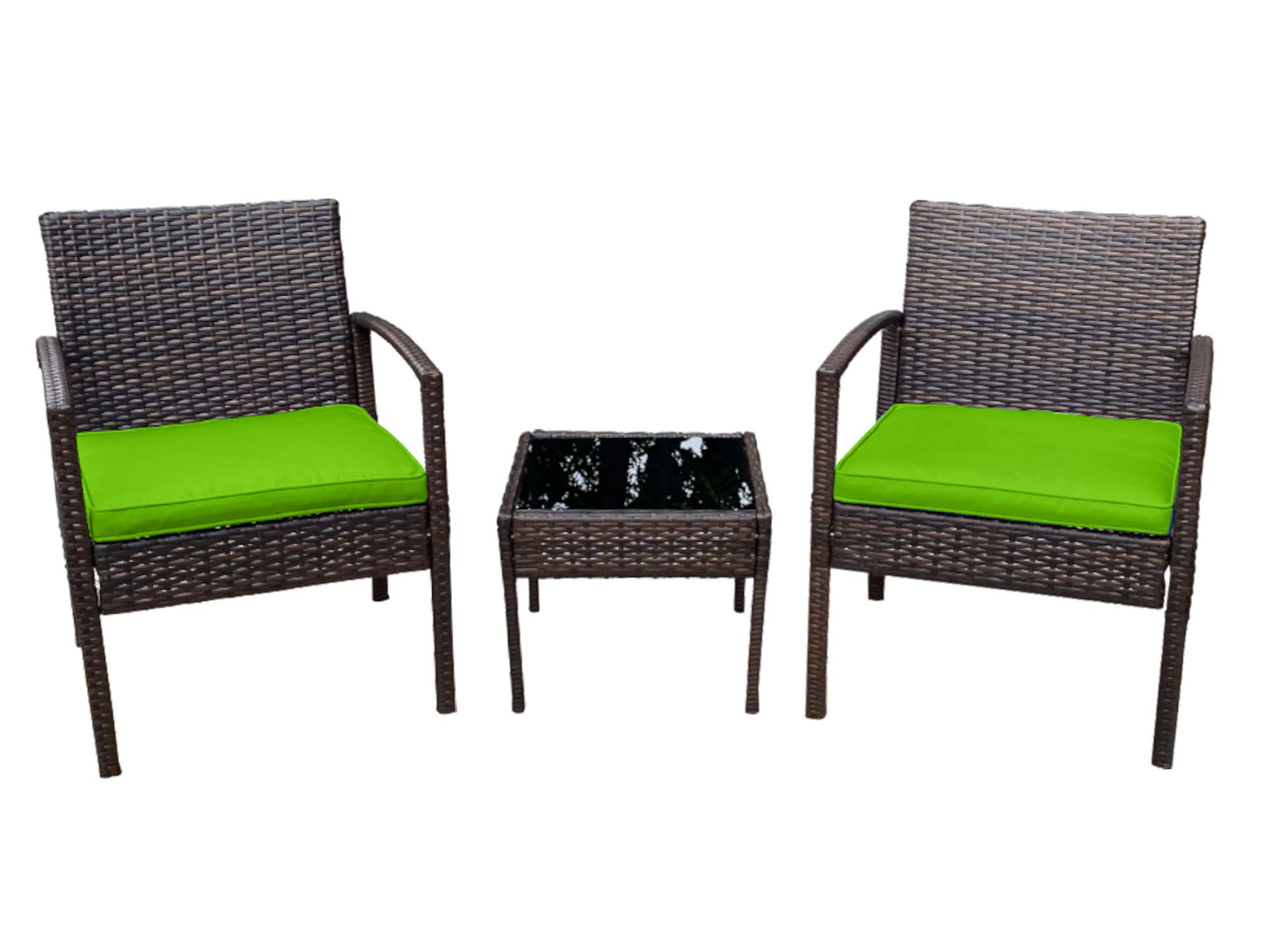 Modern 3-Piece Rattan Patio Bistro Set with Thick Cushions & Glass Top Coffee Table - Outdoor Garden, Backyard, Balcony Furniture for Relaxing & Entertaining (Green) | Perfect for Small Spaces, Poolside Lounging & Coffee Mornings