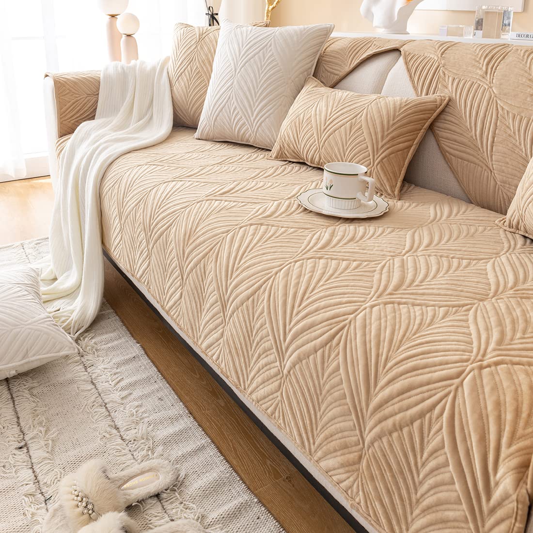 VCTOPS Super Soft Velvet Quilted Sofa Cover - Non-Slip Sectional Couch Protector with Leaf Pattern, Plush Furniture Slipcover for Pets & Kids (Camel, 28