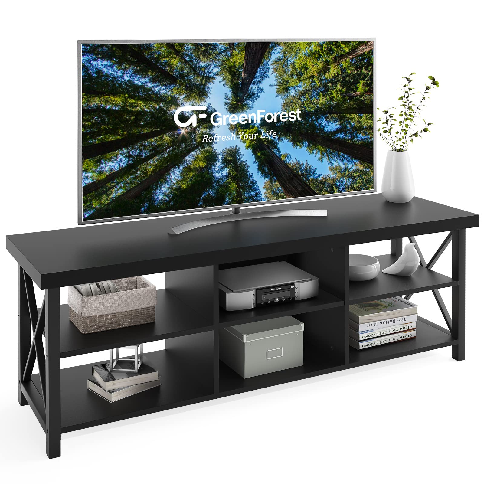 GreenForest 65 Inch TV Stand with 6 Storage Cabinets - Modern Entertainment Center for Living Room, Black Console Table for 55-65 Inch TVs - Perfect for Home Theater & Living Room Organization