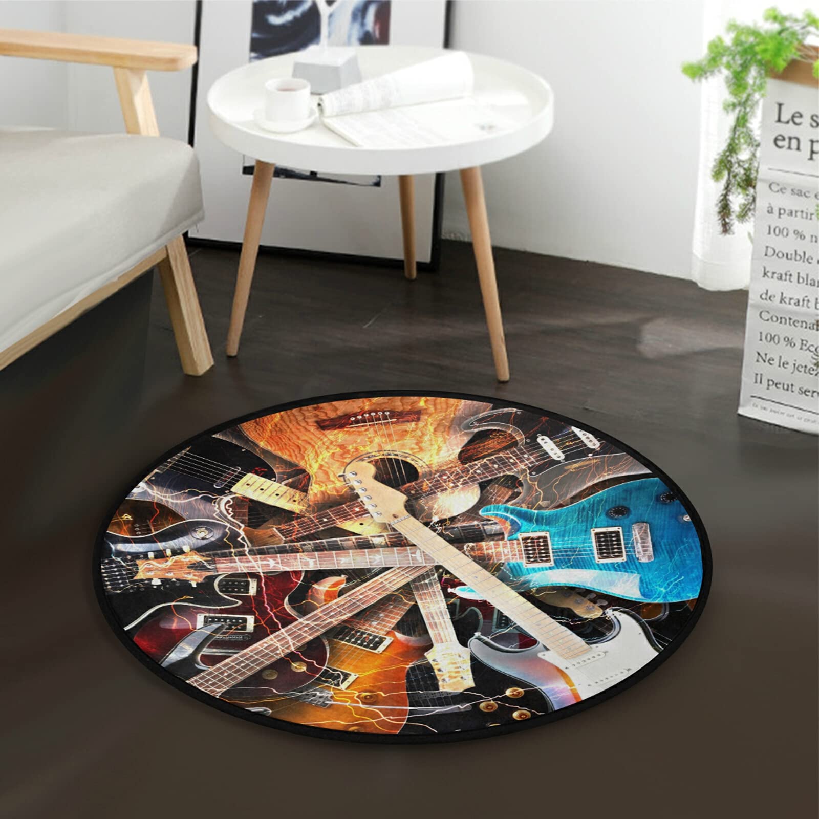ALAZA 3' Diameter (92 cm) Electric Guitar Music Themed Round Area Rug - Perfect for Living Room, Bedroom, and Music Studio Decor