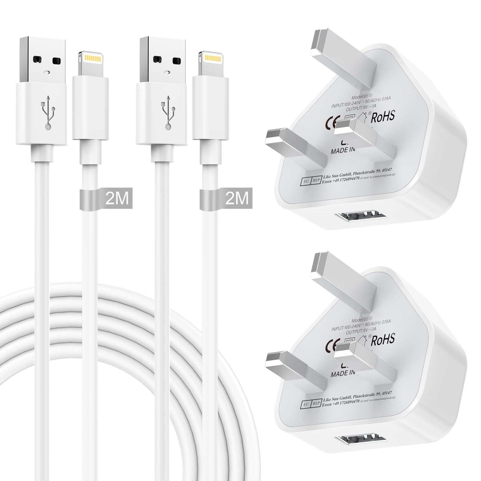 2-Pack AINPOW Apple MFI Certified iPhone Charger with 2M Cable - Fast Charging Plug for iPhone 14/13/12/11 Pro Max/SE/XS/XR/X/8/7/6S/6/Plus/5S - UK USB Wall Adapter (White) - Perfect for Home, Office & Travel